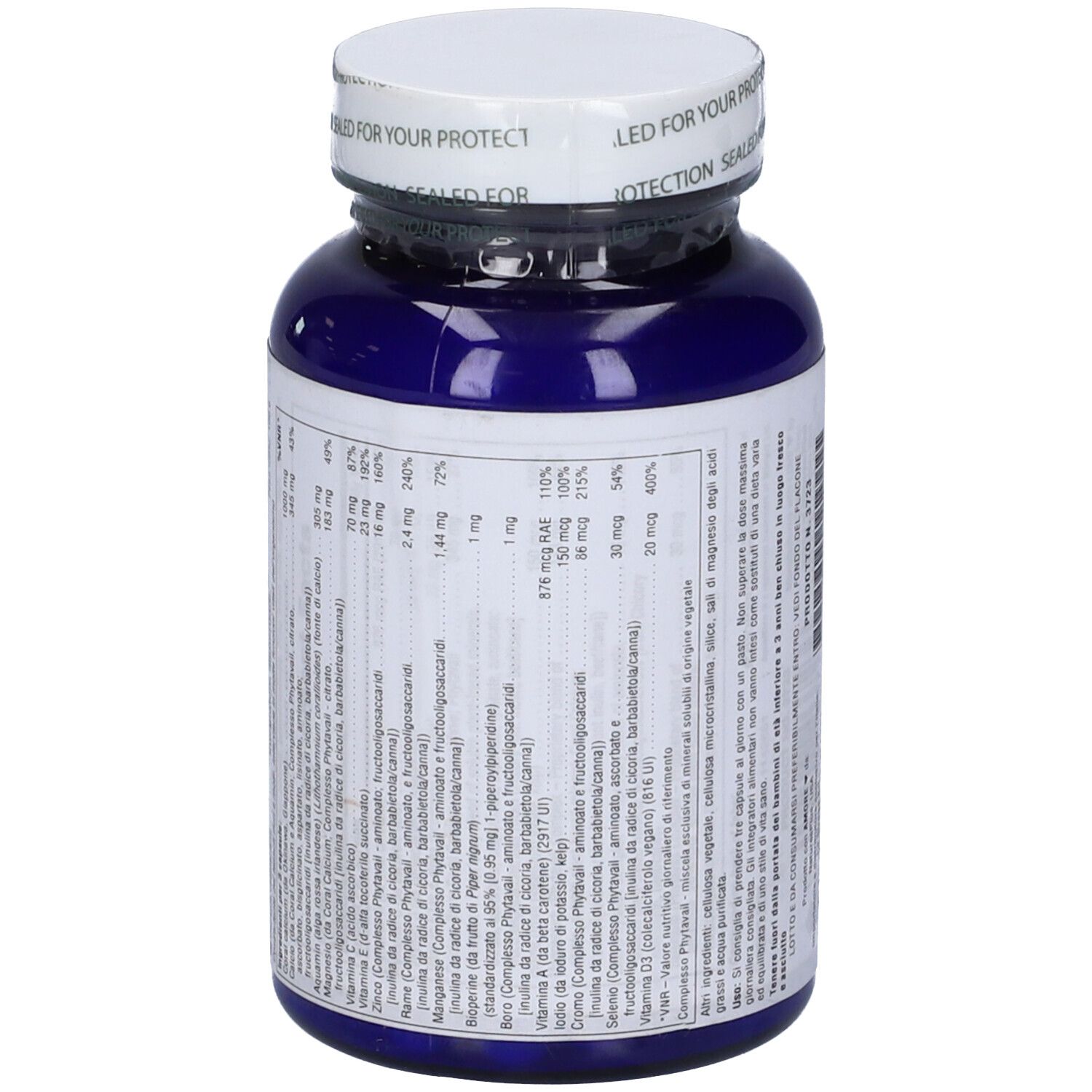 Bottiglia blu con coperchio bianco. Scritto: Activated Coral Calcium, 90 capsule. Retro con testo e informazioni nutrizionali.