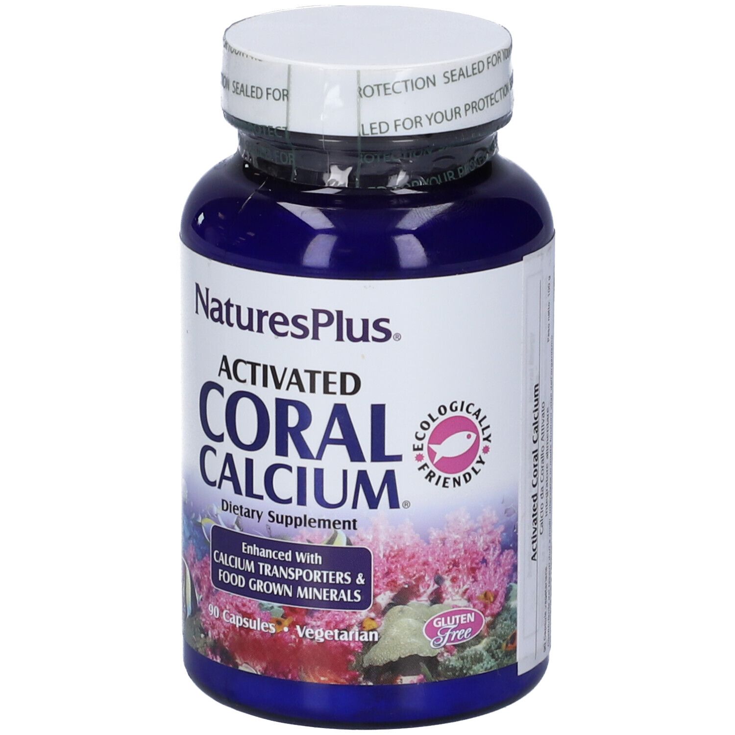 Bottiglia blu con coperchio bianco. Scritto: Activated Coral Calcium, 90 capsule. Marchio: Natures Plus. Senza glutine.