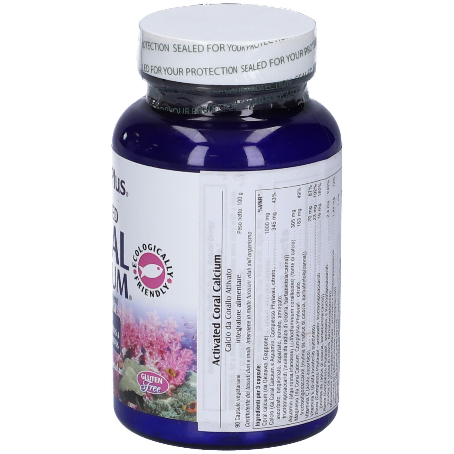 Bottiglia blu con coperchio bianco. Scritto: Activated Coral Calcium, 90 capsule. Retro con testo e informazioni nutrizionali.