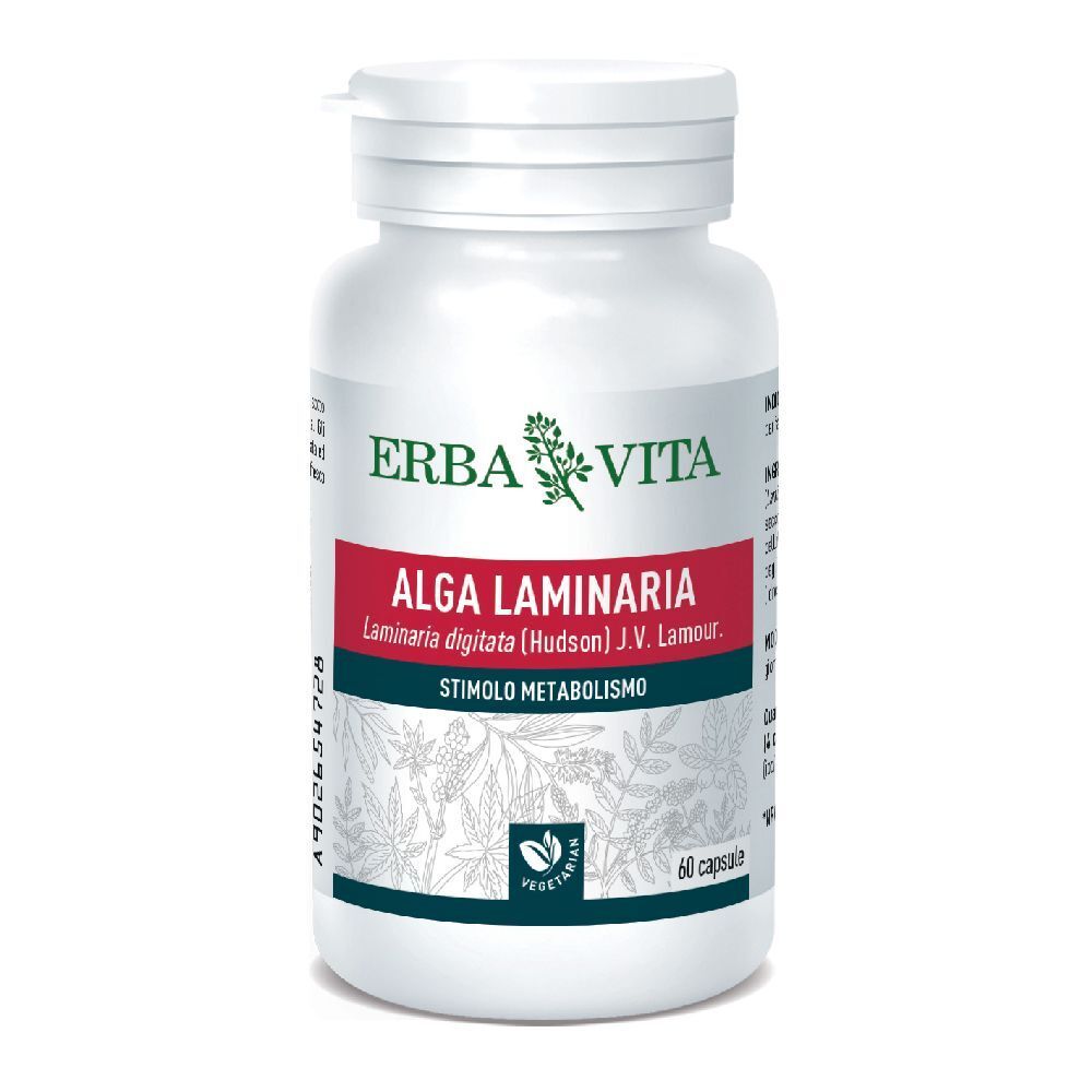 Flacone bianco con etichetta rossa. Scritta: Alga Laminaria, 60 capsule. Marca: Erba Vita. Vegetariano.