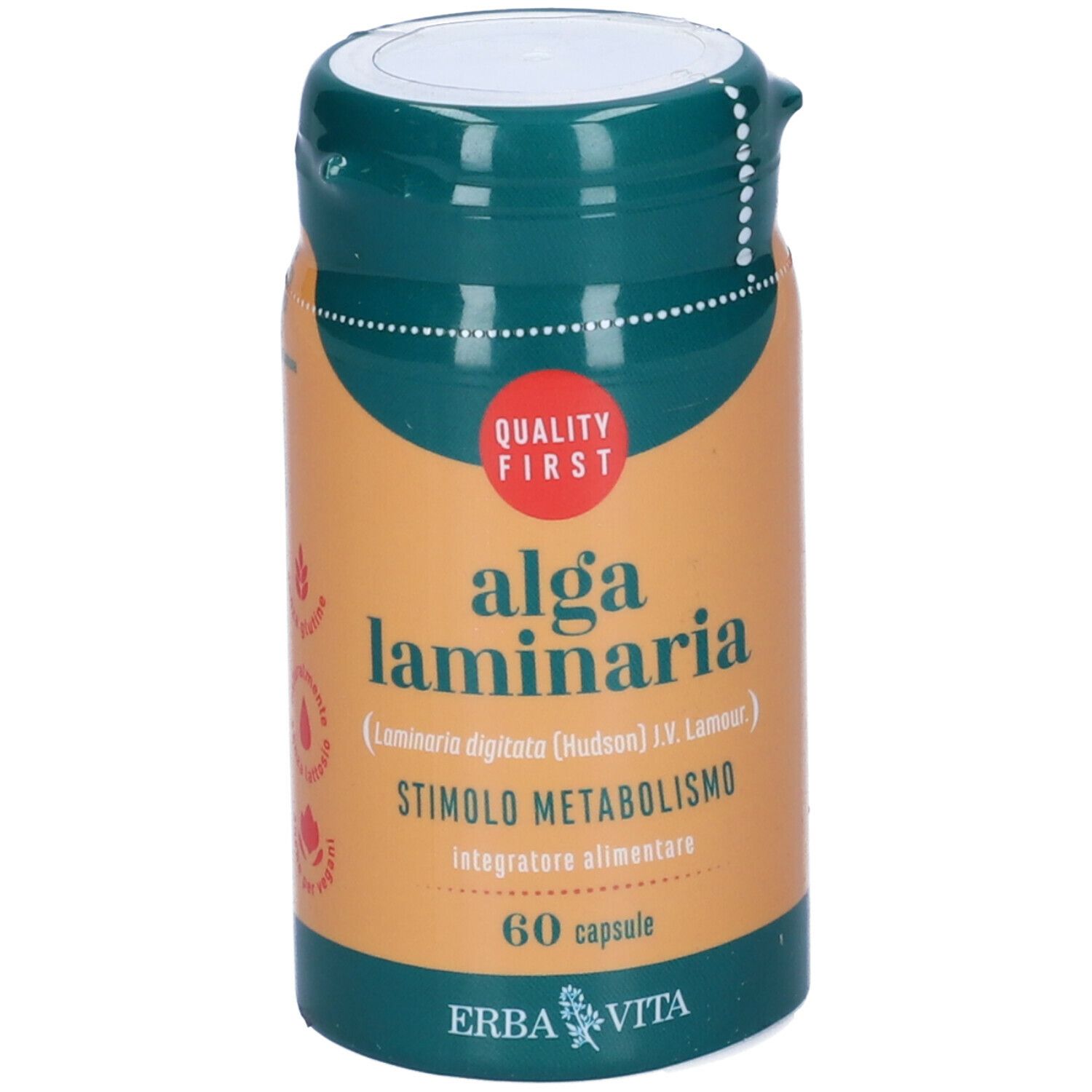 Barattolo marrone con coperchio verde. Scritta: Alga Laminaria, 60 capsule. Marca: Erba Vita. Marchio di qualità.