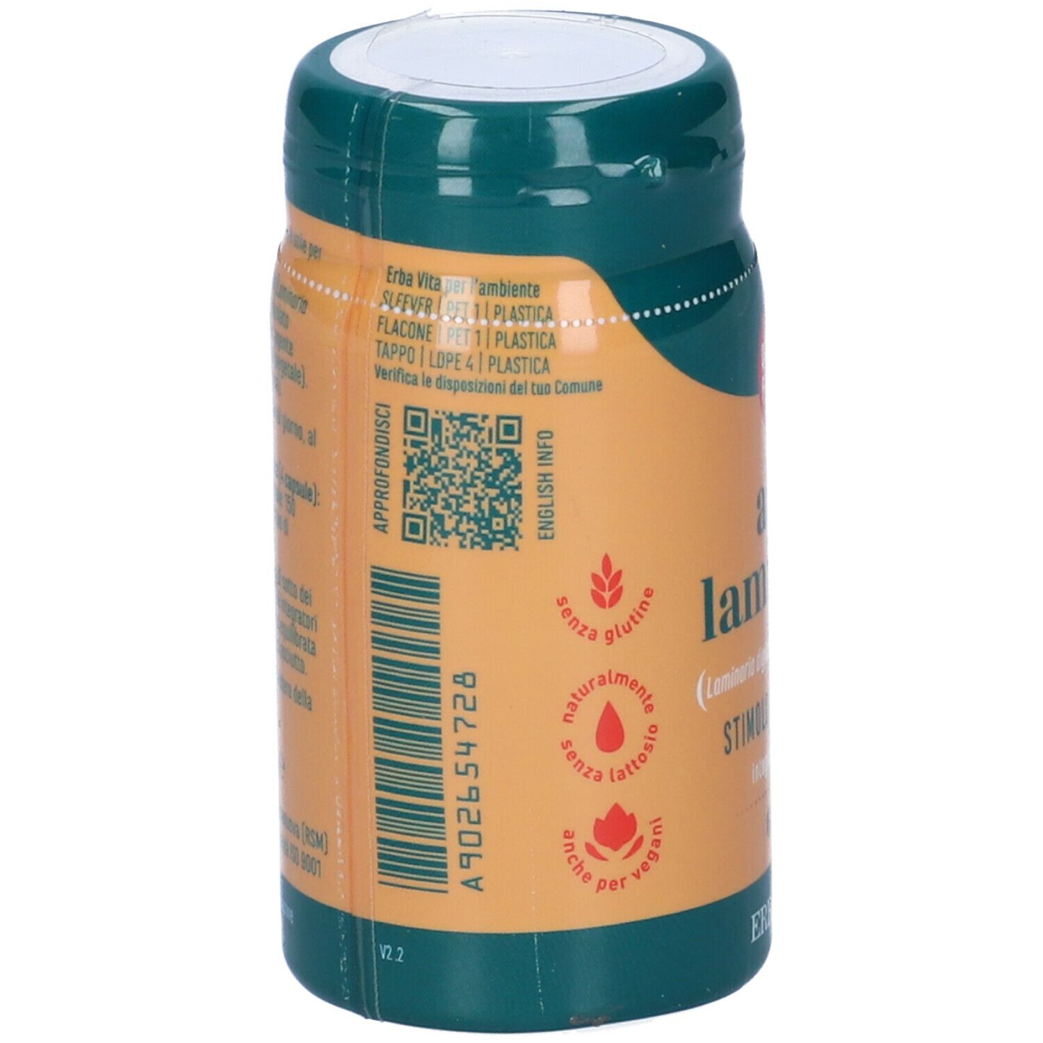 Barattolo marrone con coperchio verde. Scritta: Alga Laminaria. Senza glutine, senza lattosio, vegano. Codice QR.
