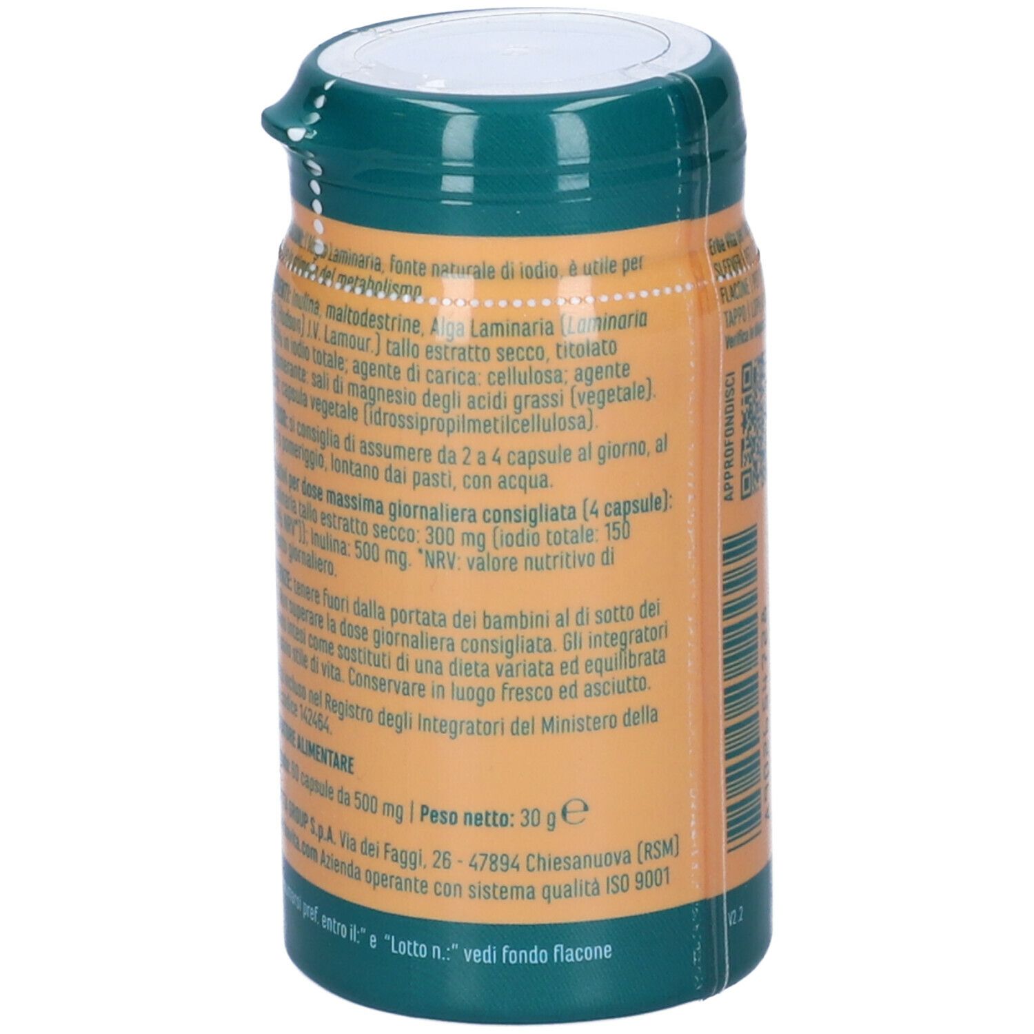 Barattolo marrone con coperchio verde. Scritta: Alga Laminaria. Elenco ingredienti, informazioni nutrizionali. ISO 9001.