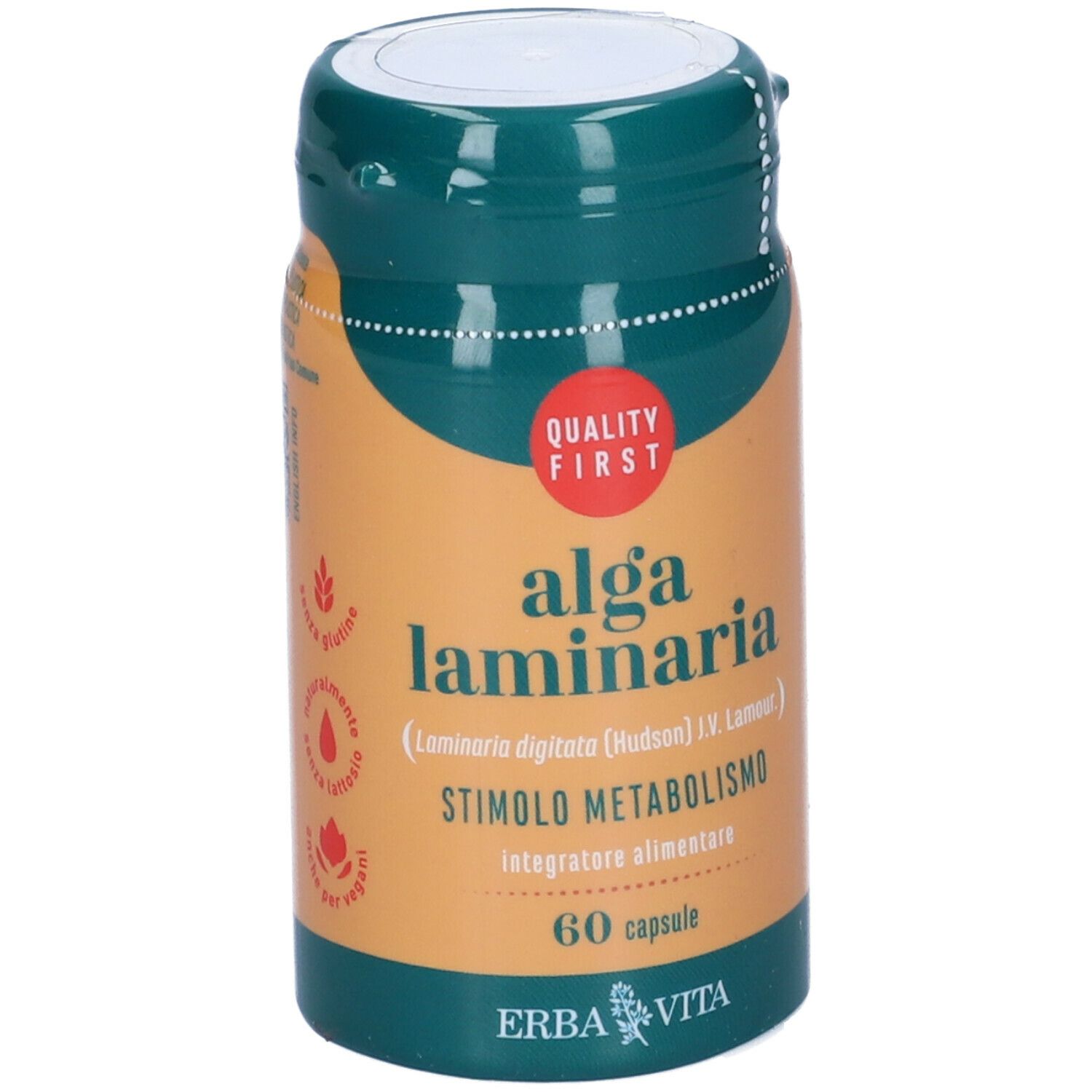 Barattolo marrone con coperchio verde. Scritta: Alga Laminaria, 60 capsule. Marca: Erba Vita. Marchio di qualità.