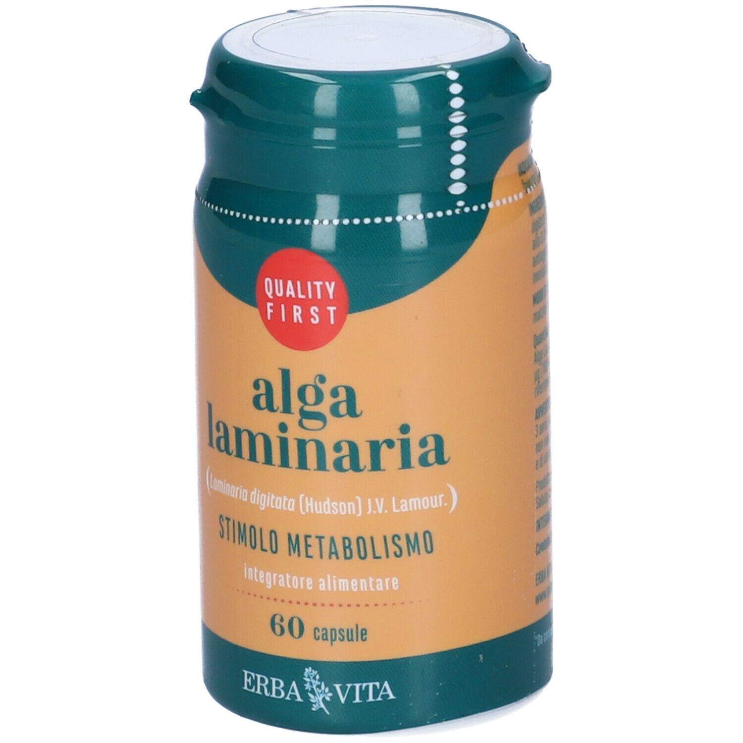 Barattolo marrone con coperchio verde. Scritta: Alga Laminaria, 60 capsule. Marca: Erba Vita. Marchio di qualità.