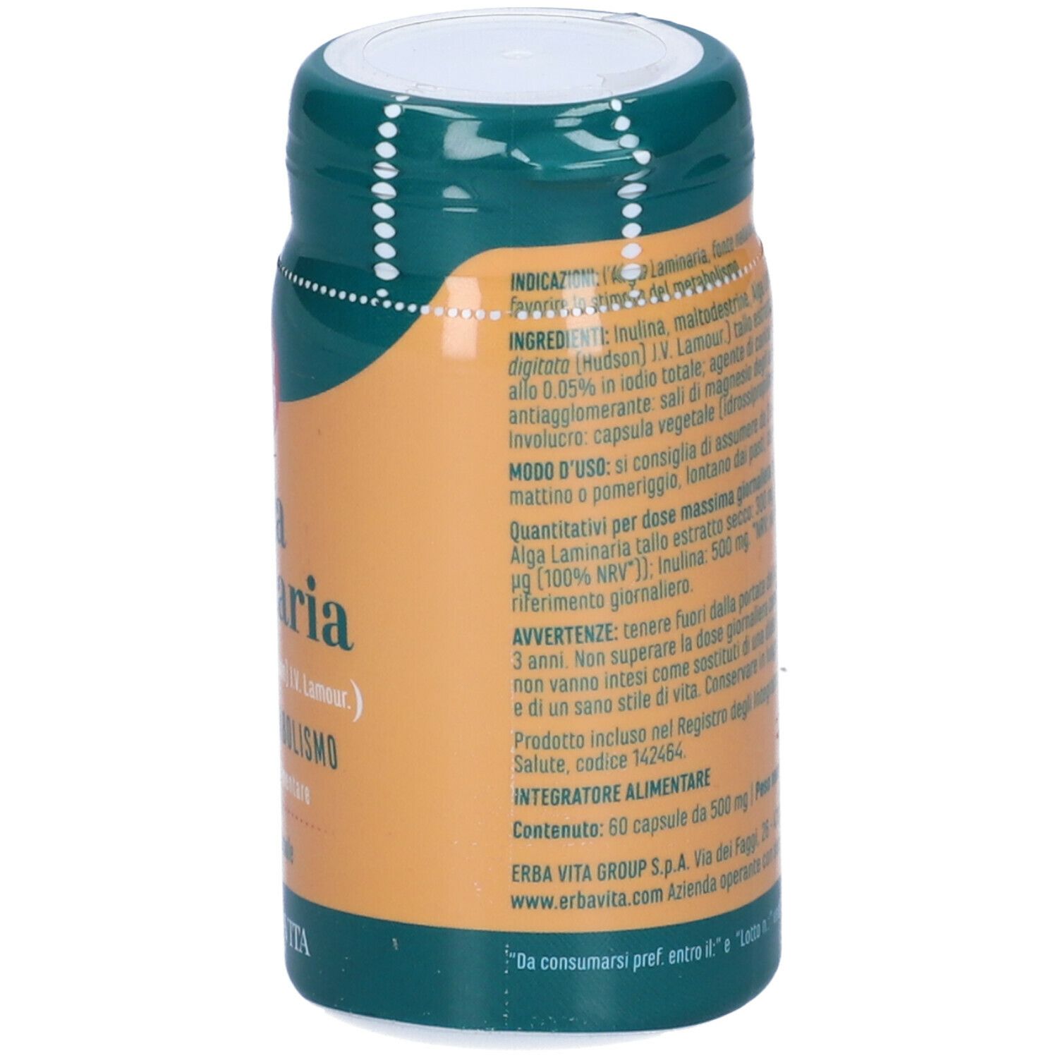 Barattolo marrone con coperchio verde. Scritta: Alga Laminaria. Elenco ingredienti, istruzioni per l'uso. Marca: Erba Vita.