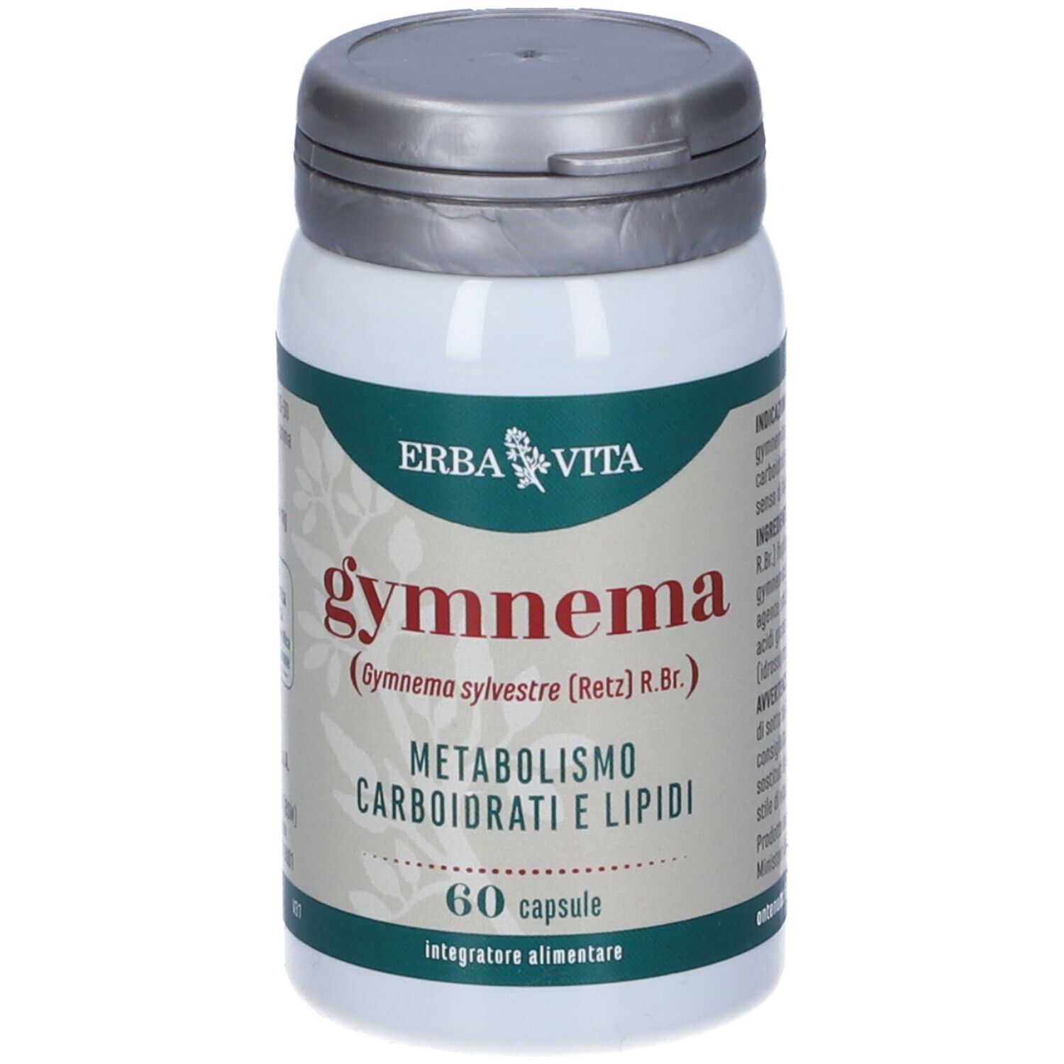 Flacone bianco di capsule Gymnema con coperchio argentato. Scritta: Gymnema, 60 capsule, ERBA VITA.