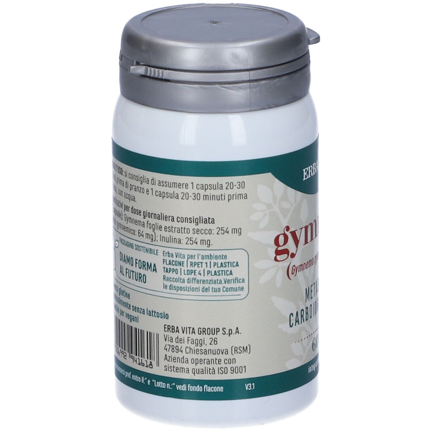 Retro del flacone di capsule Gymnema. Testo: ingredienti, istruzioni per l'uso, indirizzo ERBA VITA, ISO 9001.