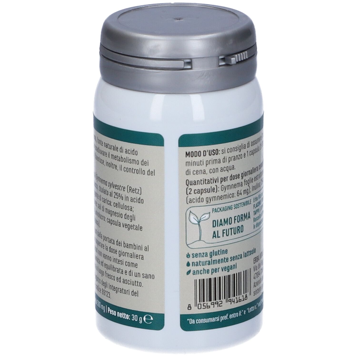 Retro del flacone di capsule Gymnema. Testo: istruzioni per l'uso, ingredienti, senza glutine, vegano.