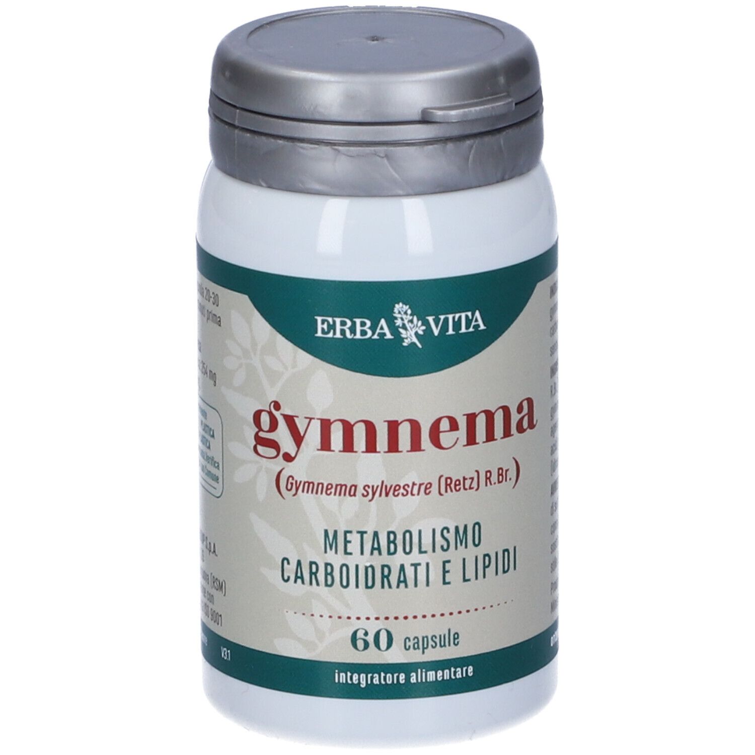 Flacone bianco di capsule Gymnema con coperchio argentato. Scritta: Gymnema, 60 capsule, ERBA VITA.