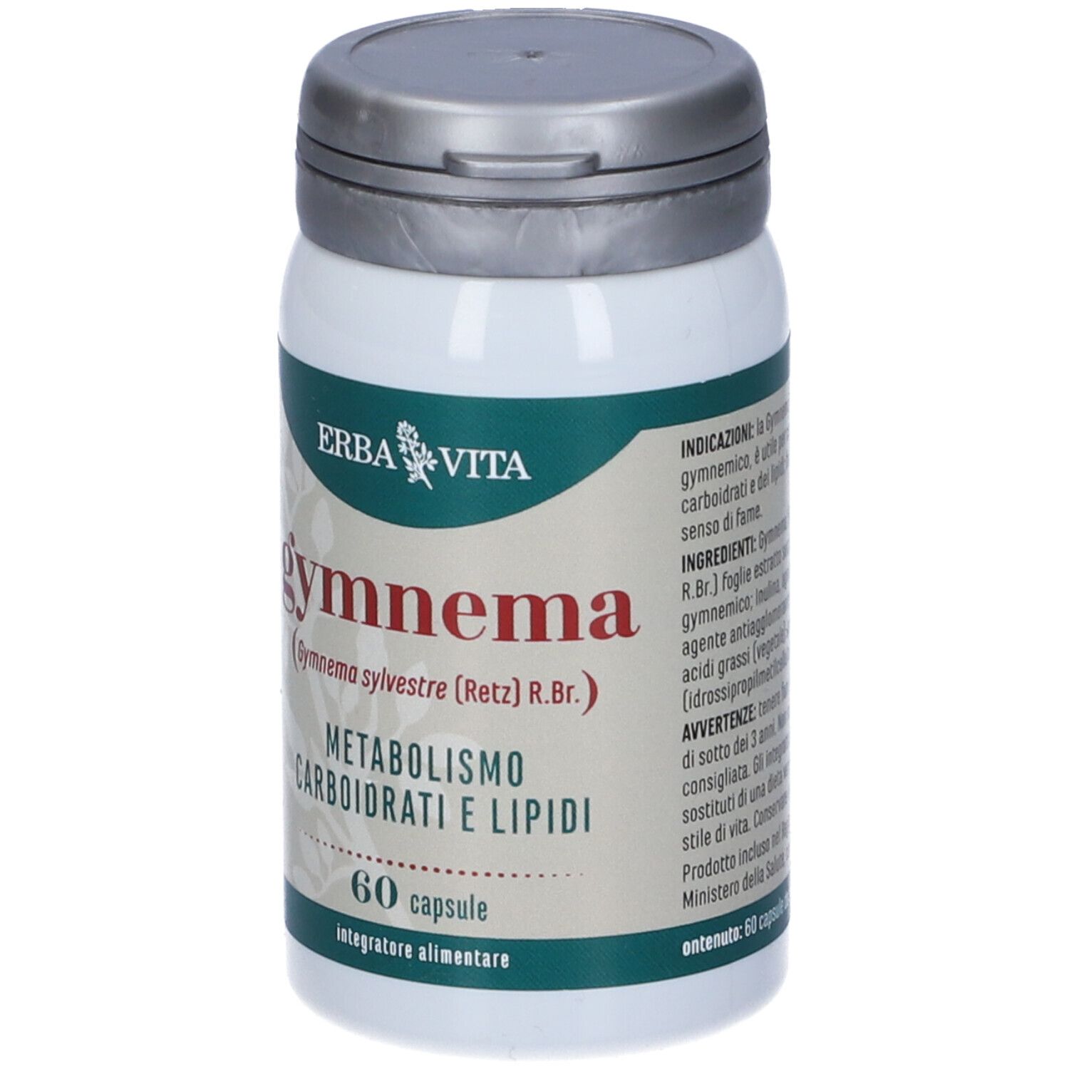 Flacone bianco di capsule Gymnema con coperchio argentato. Scritta: Gymnema, 60 capsule, ERBA VITA.