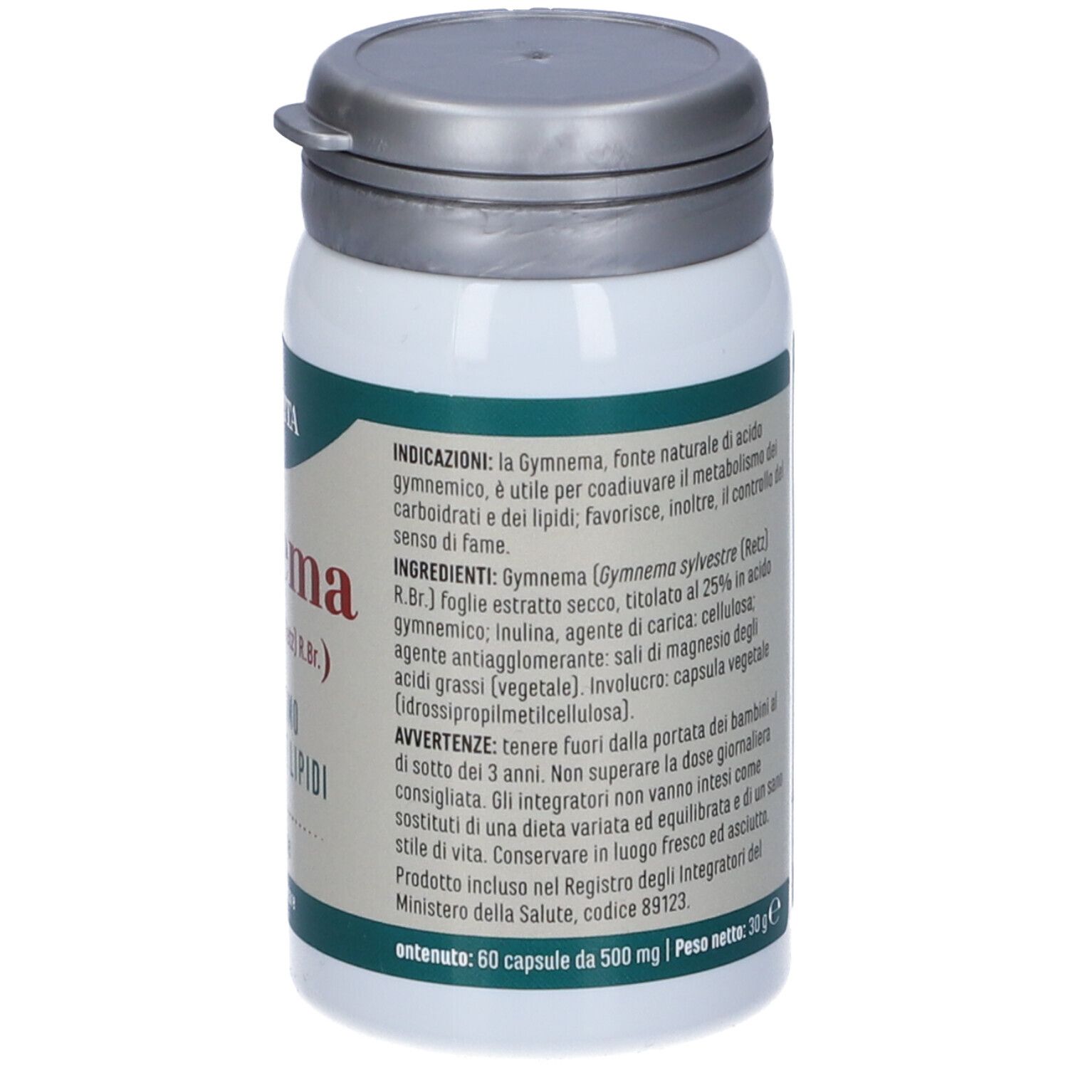 Retro del flacone di capsule Gymnema. Testo: ingredienti, avvertenze, 60 capsule, 500 mg.