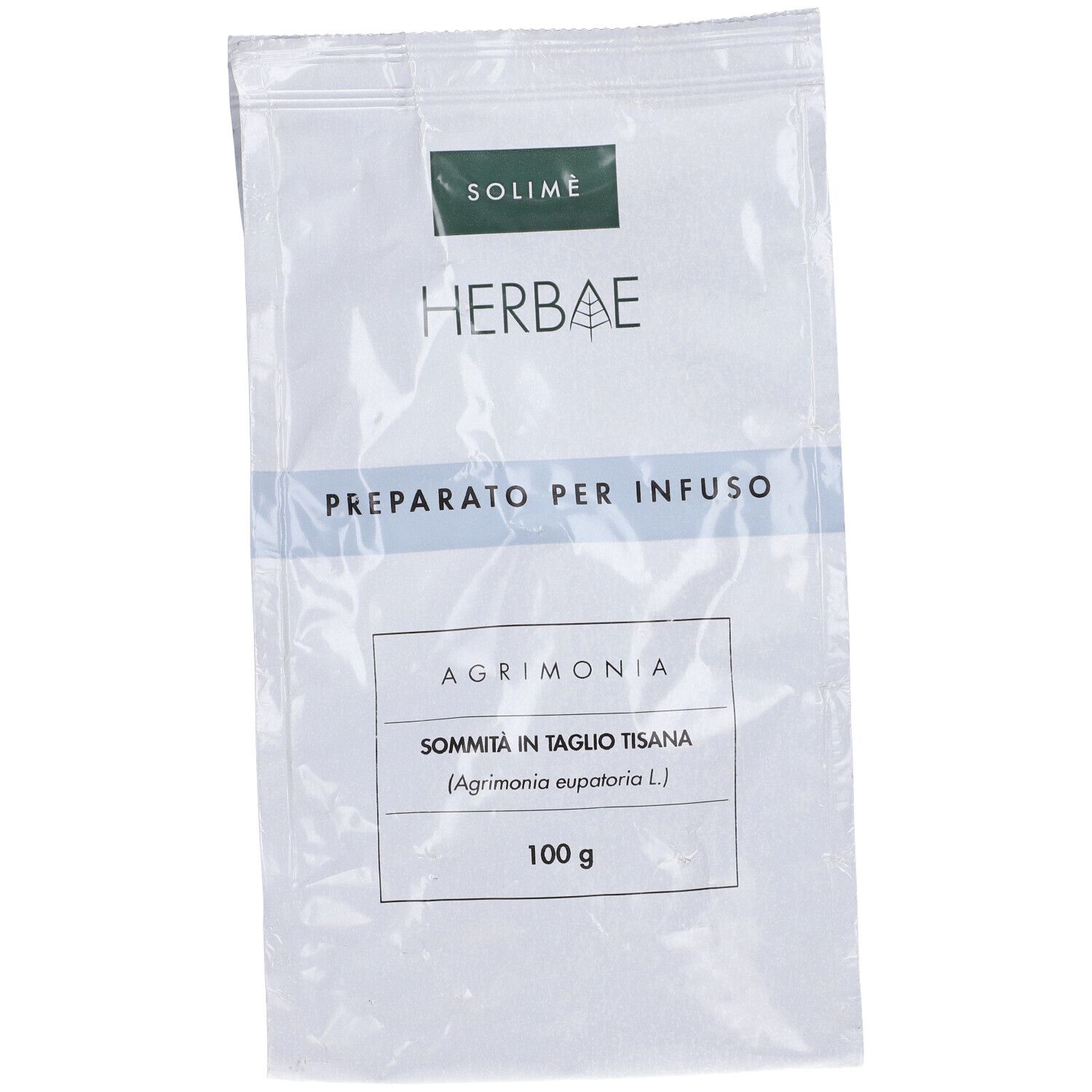 Busta Agrimonia Sommita' in Taglio Tisana. Scritte: Solimè, Herbae, Preparato per Infuso, 100 g.