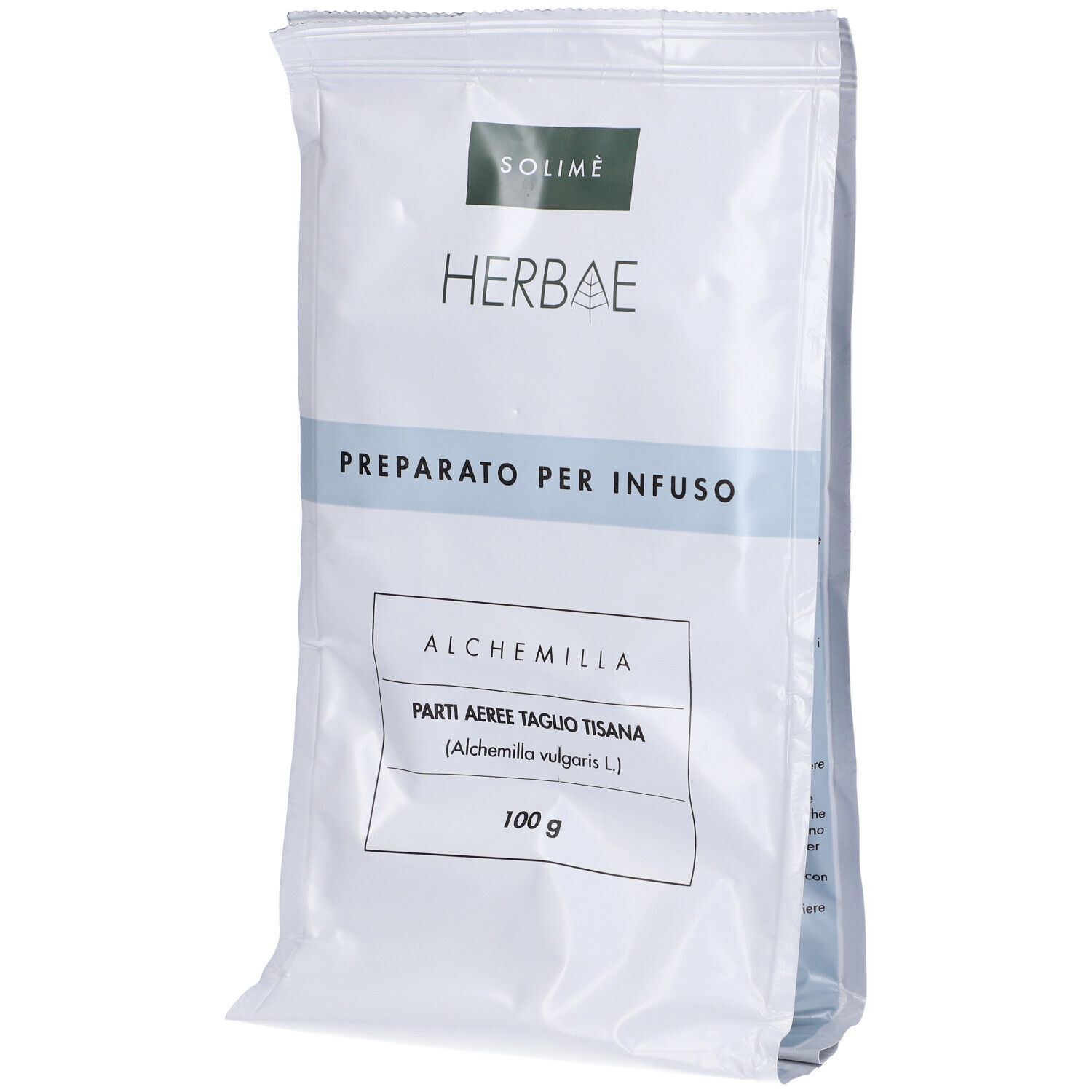 Busta con erbe. Scritta: Herbae, Preparato per Infuso, Alchemilla, 100 g.
