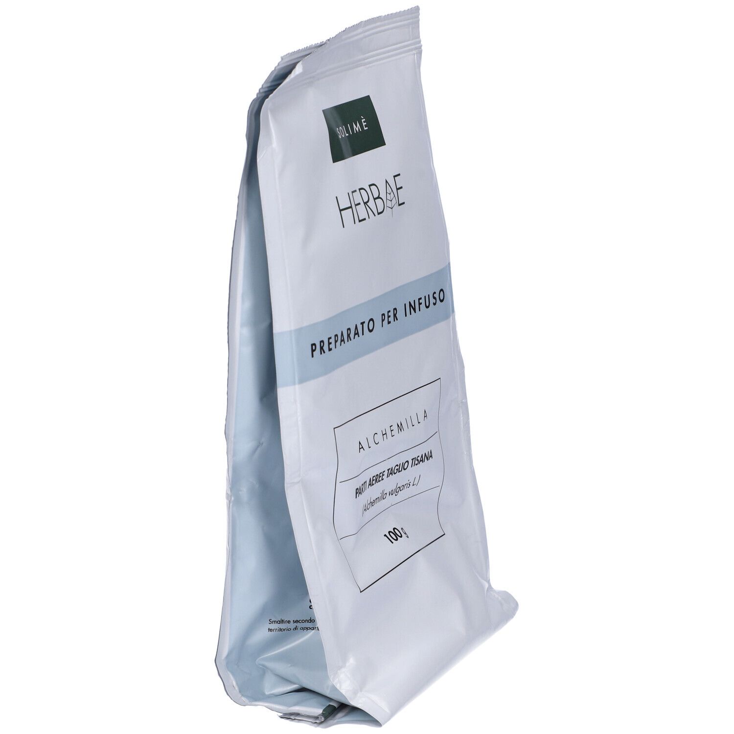 Busta con erbe. Scritta: Herbae, Preparato per Infuso, Alchemilla, 100 g. Vista laterale.