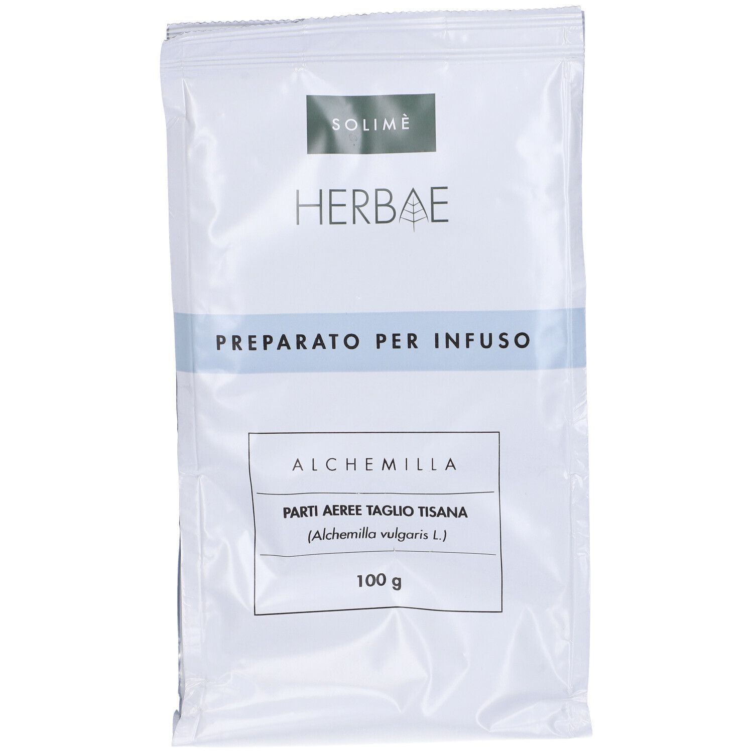 Busta con erbe. Scritta: Herbae, Preparato per Infuso, Alchemilla, 100 g.