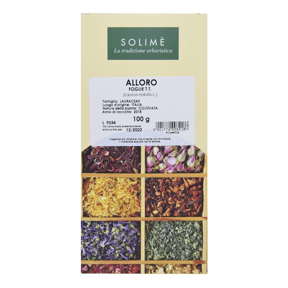 Confezione di Alloro Fogli T.T. Solimè, 100 g. Mostra erbe diverse. Contiene informazioni sull'origine e la raccolta.