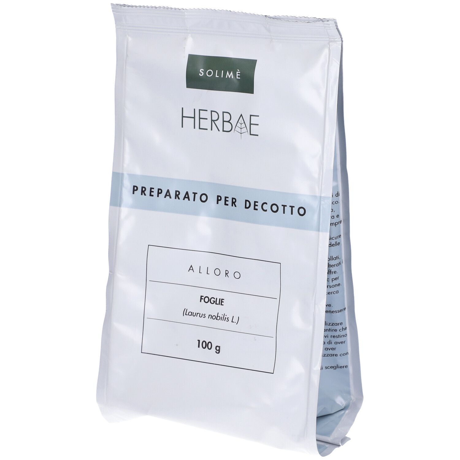Busta di Alloro Fogli T.T. Solimè. Scritta 'Herbae' e 'Preparato per decotto'. Contiene 100 g.
