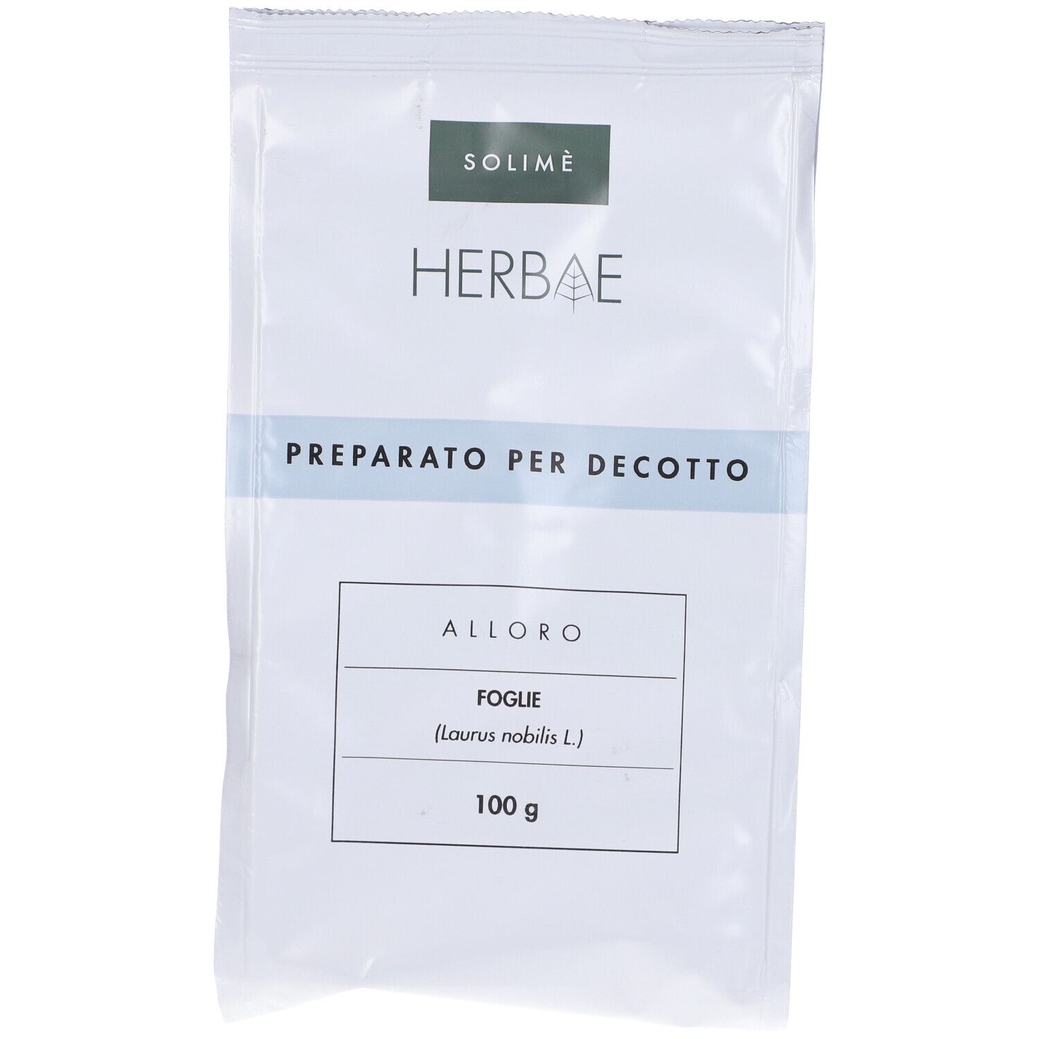 Busta di Alloro Fogli T.T. Solimè. Scritta 'Herbae' e 'Preparato per decotto'. Contiene 100 g.