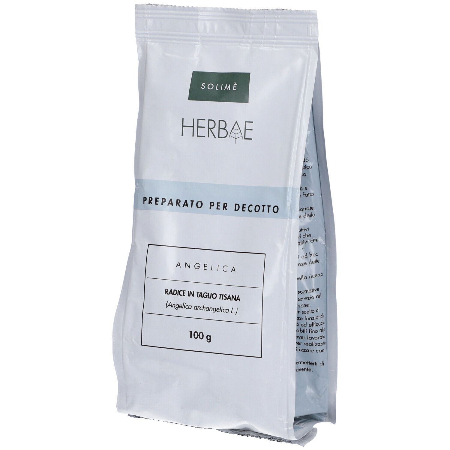 Busta bianca con scritta 'HERBAE'. Testo: 'PREPARATO PER DECOTTO', 'ANGELICA', '100 g'.