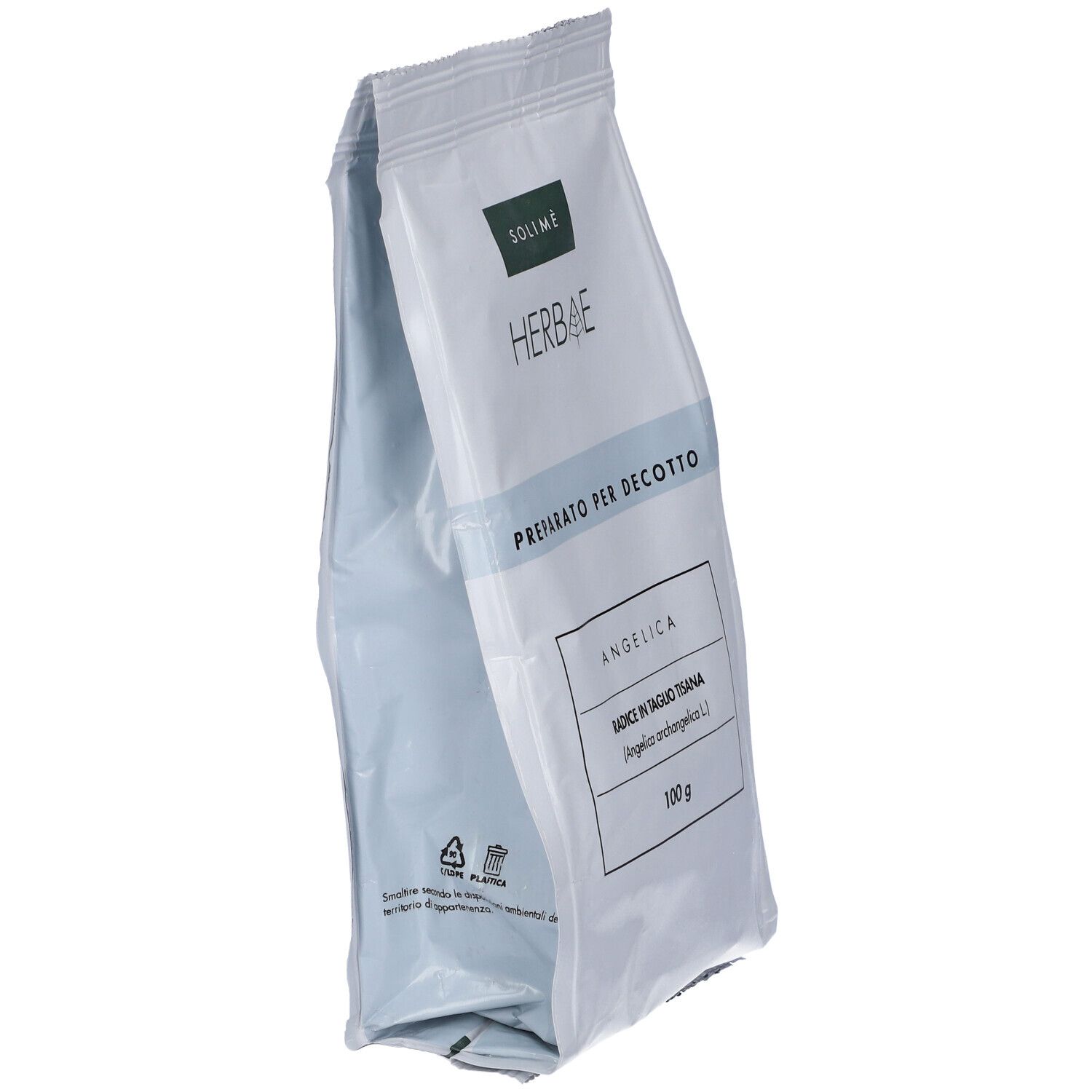 Busta bianca con logo 'HERBAE'. Testo: 'PREPARATO PER DECOTTO', 'ANGELICA', '100 g'.