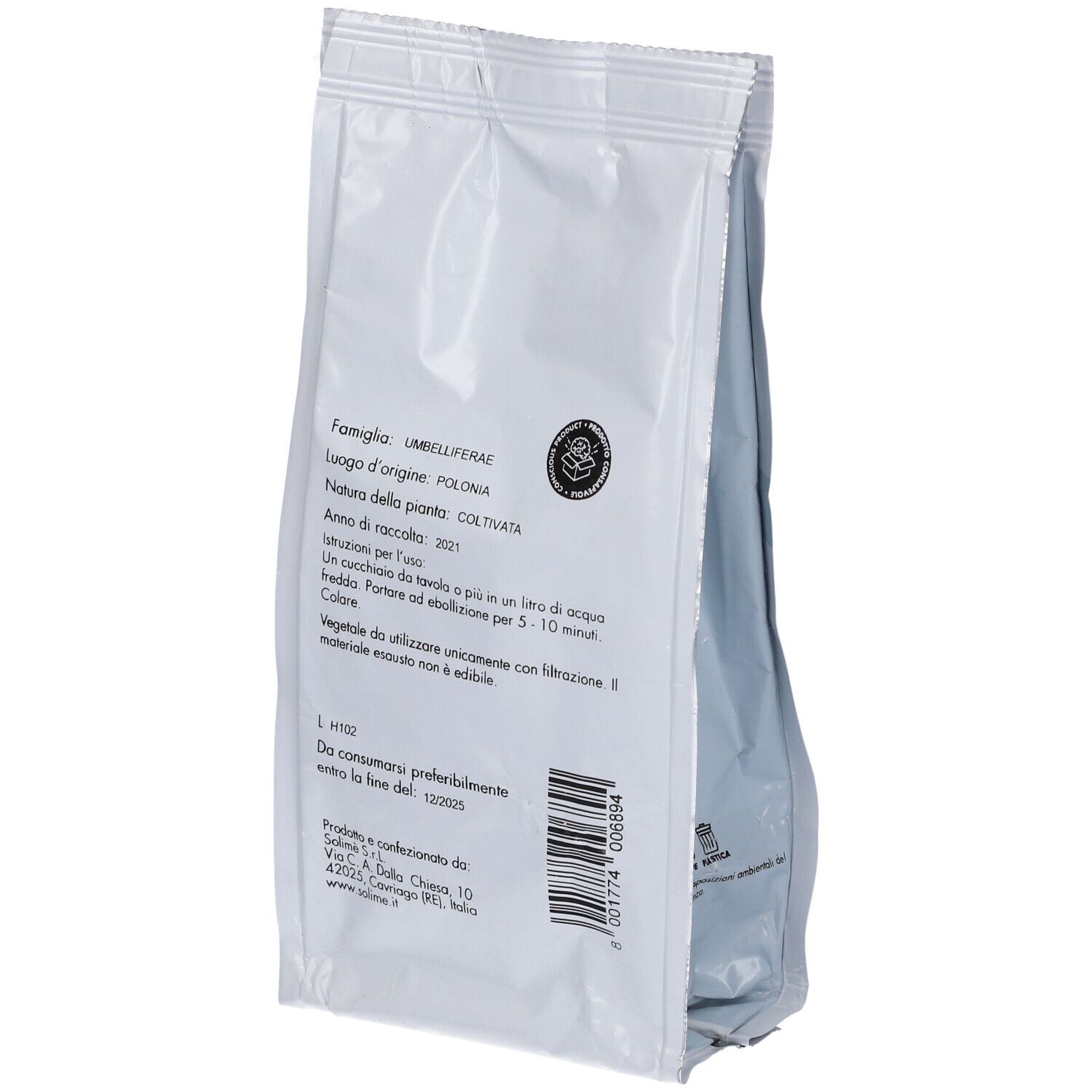 Retro di una busta bianca. Testo: 'Famiglia UMBELLIFERAE', 'COLTIVATA', '100 g'.