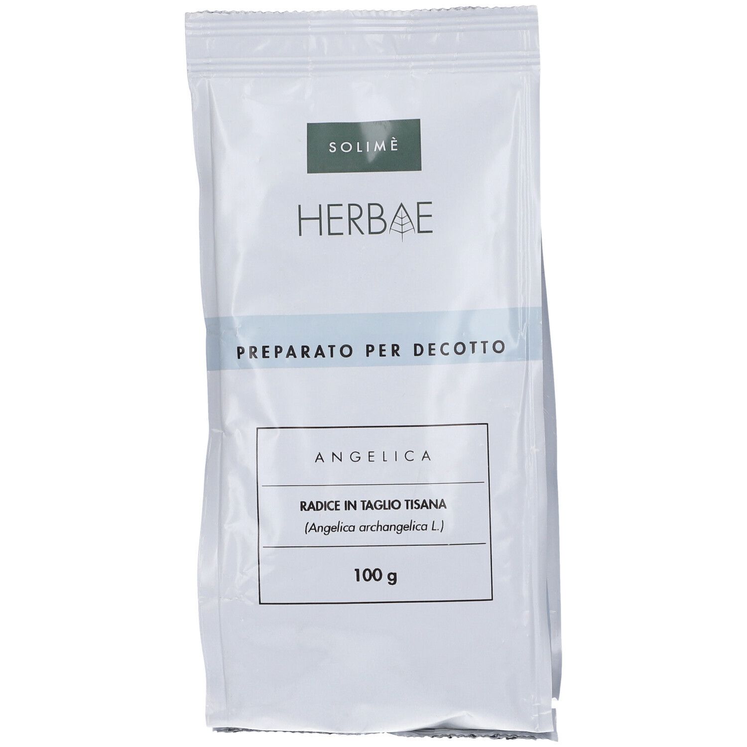 Busta bianca con logo 'HERBAE'. Testo: 'PREPARATO PER DECOTTO', 'ANGELICA', '100 g'.