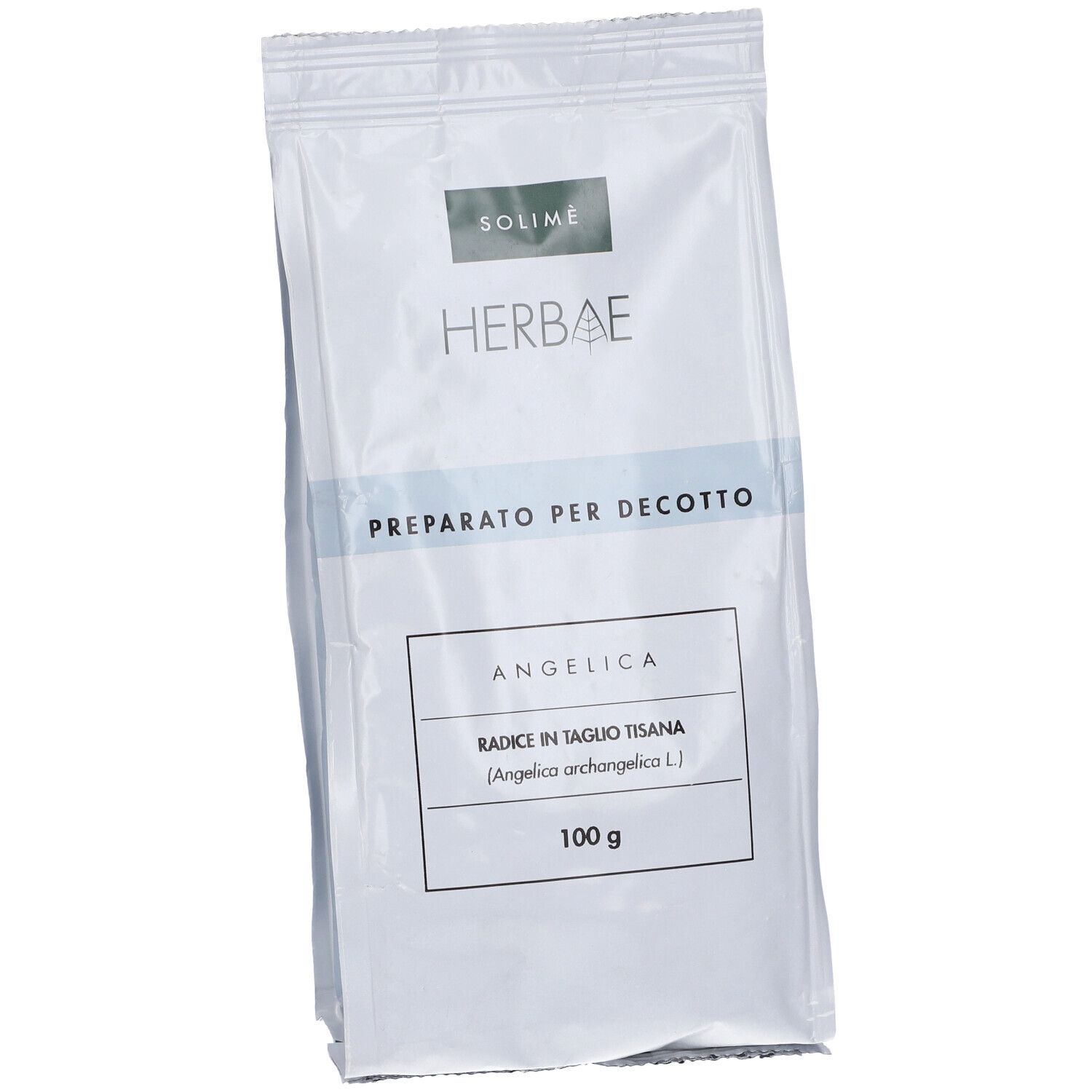 Busta bianca con logo 'HERBAE'. Testo: 'PREPARATO PER DECOTTO', 'ANGELICA', '100 g'.