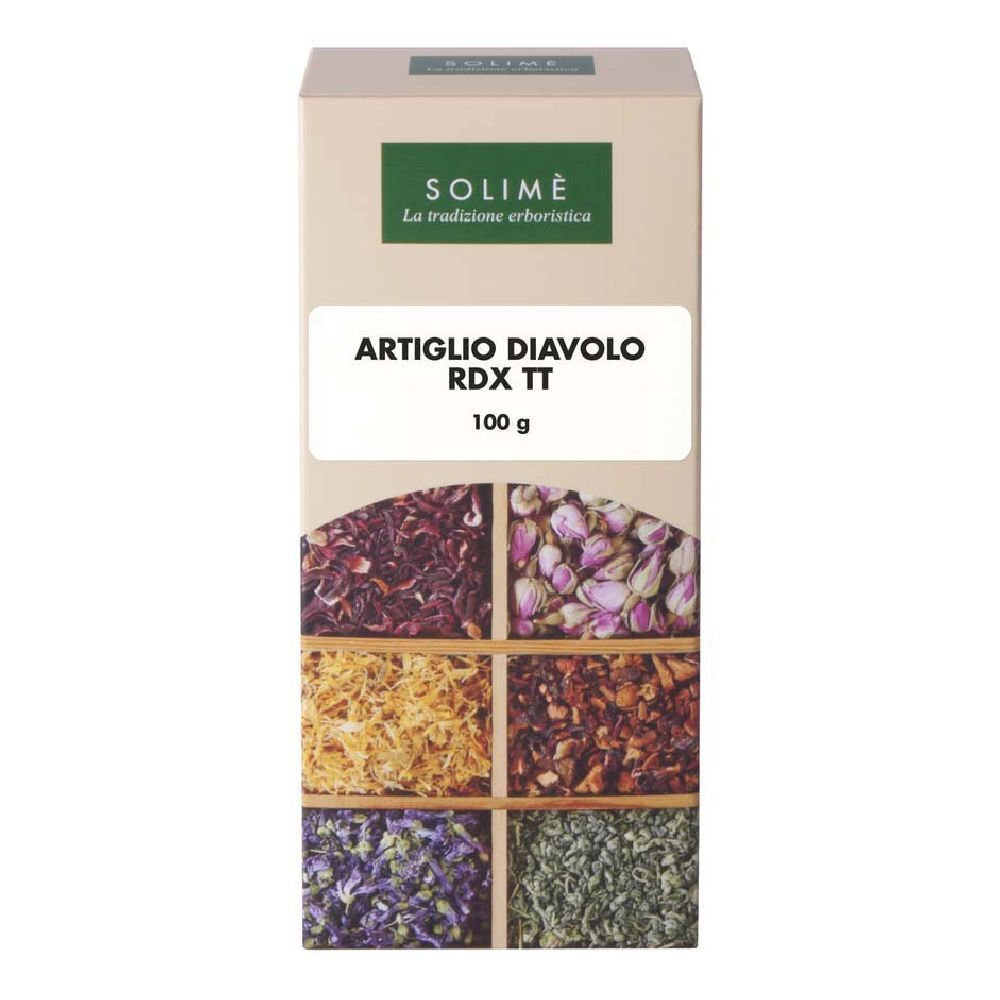 Scatola con nome prodotto Artiglio Diavolo RDX TT. Sotto, sei campioni di erbe in scomparti di legno. Marchio Solimè.