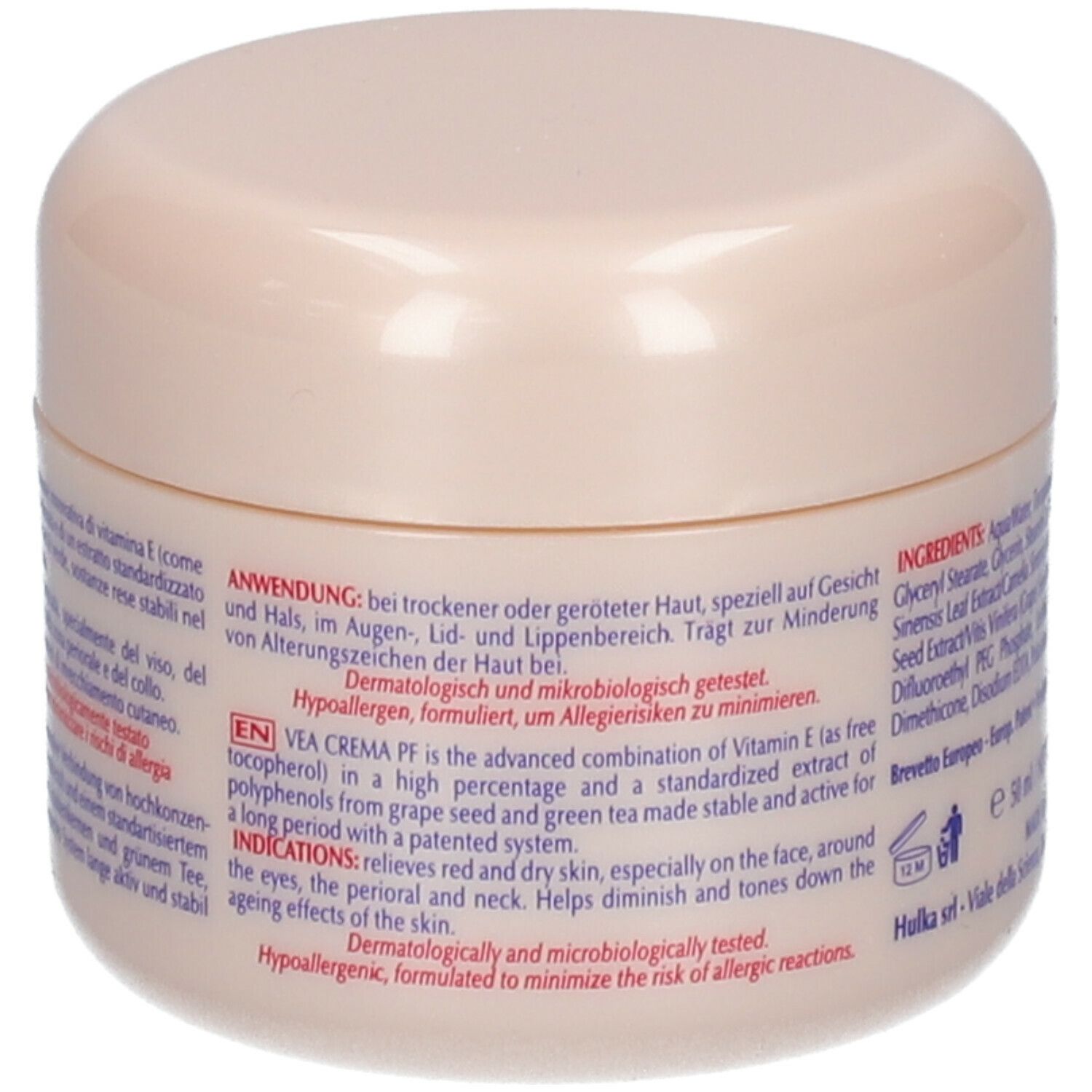 Retro del vasetto di crema. Testo: Applicazione, EN VEA CREMA PF, dermatologicamente testato. Logo e testo.