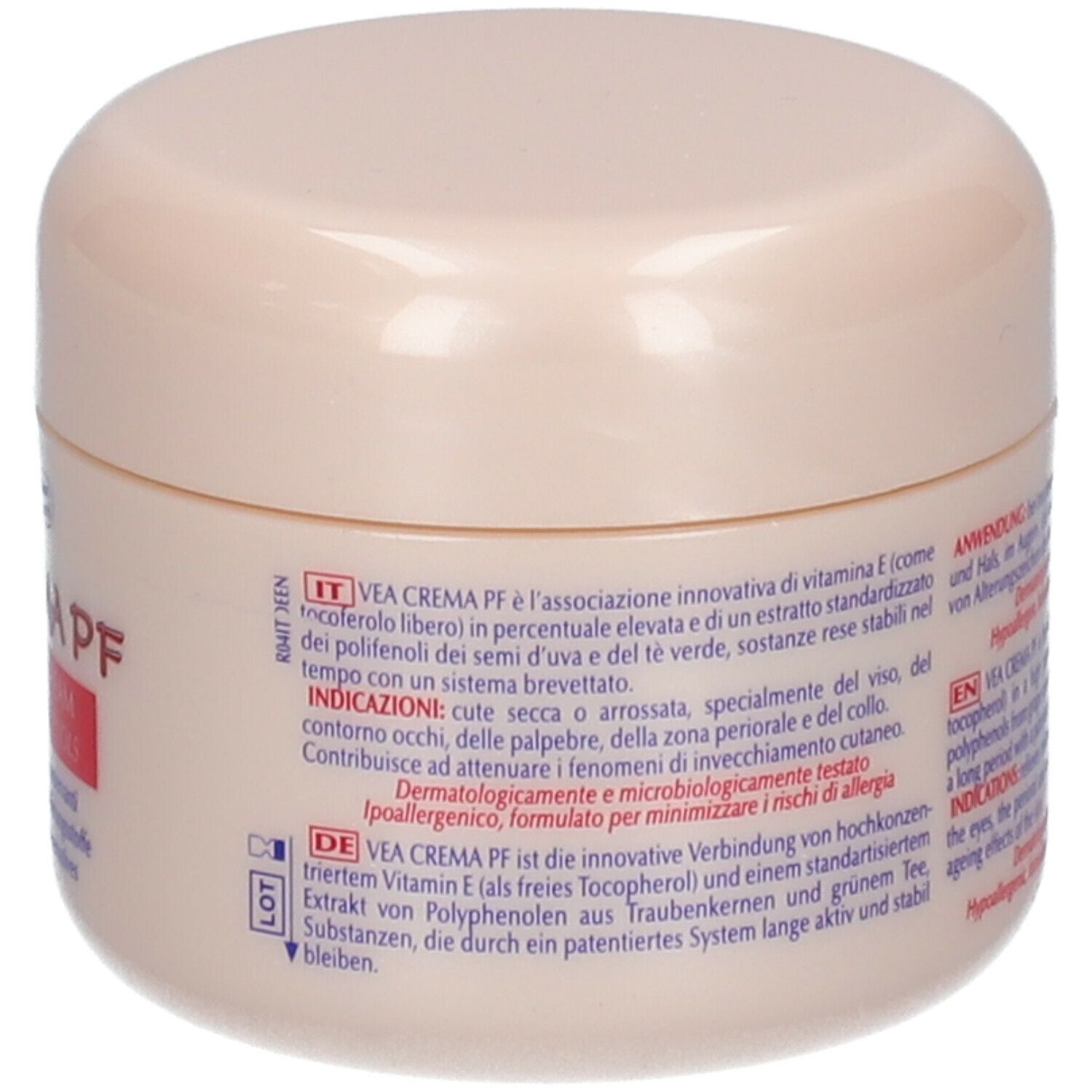 Retro del vasetto di crema. Testo: IT VEA CREMA PF, dermatologicamente testato. Logo e testo.