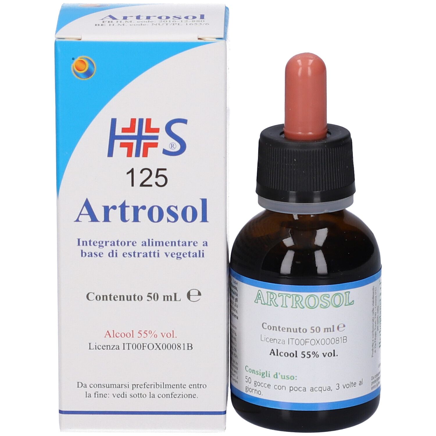 Flasche und Kartonverpackung von 'ARTROSOL', 50 ml, 55% Alkohol.