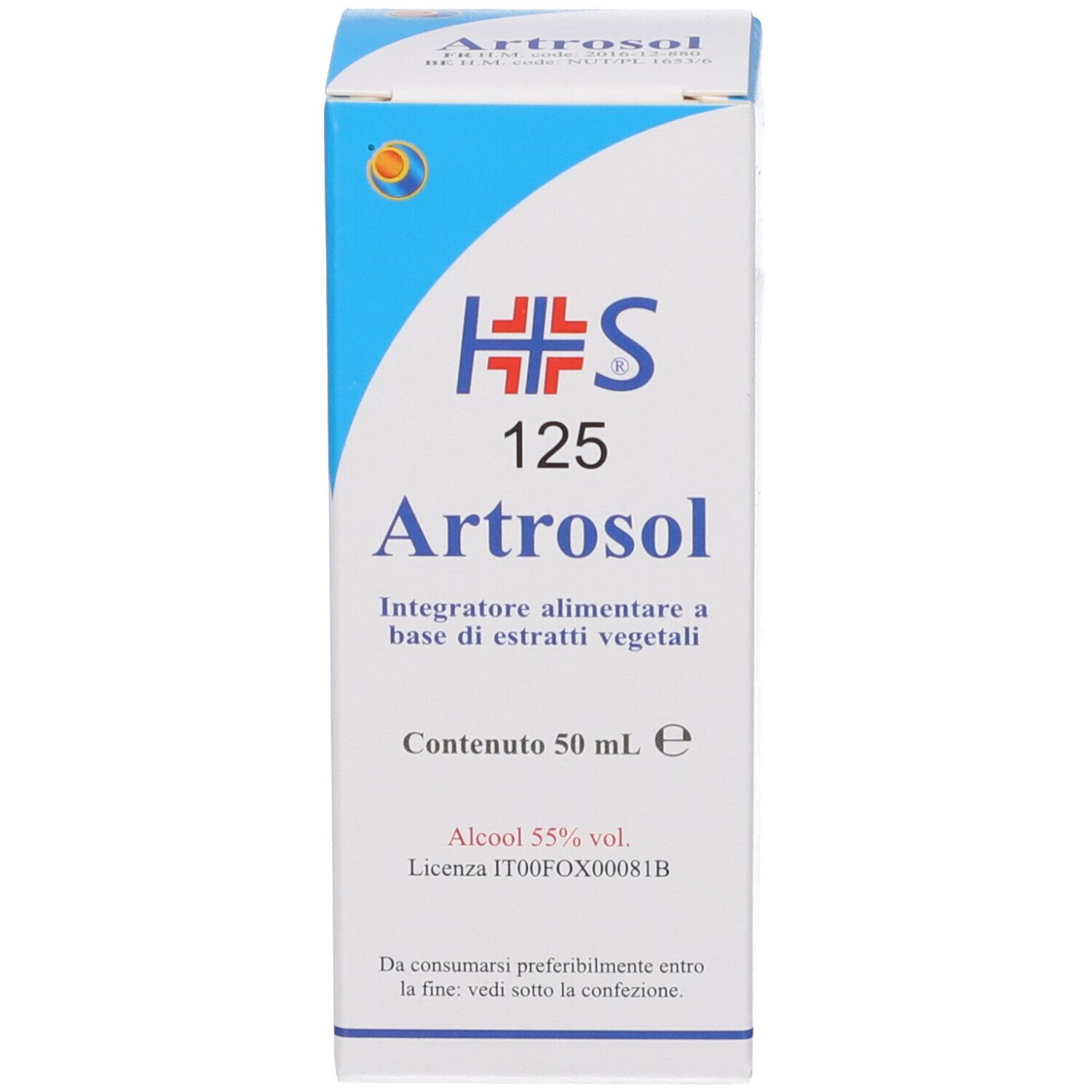 Kartonverpackung von 'ARTROSOL', 50 ml, 55% Alkohol, mit Produktinformationen.