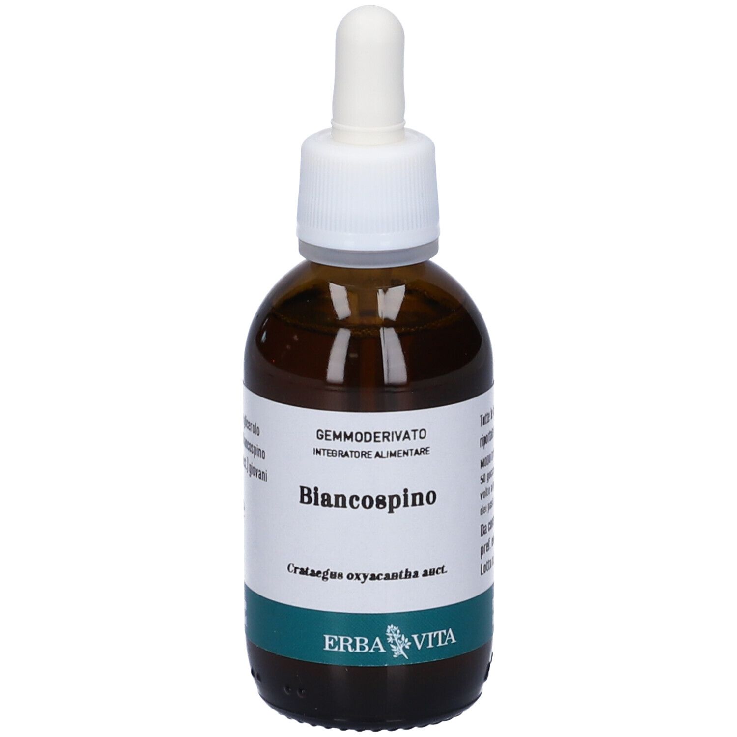 Flacone in vetro marrone con pipetta. Etichetta con nome prodotto: Biancospino. Marchio: Erba Vita.