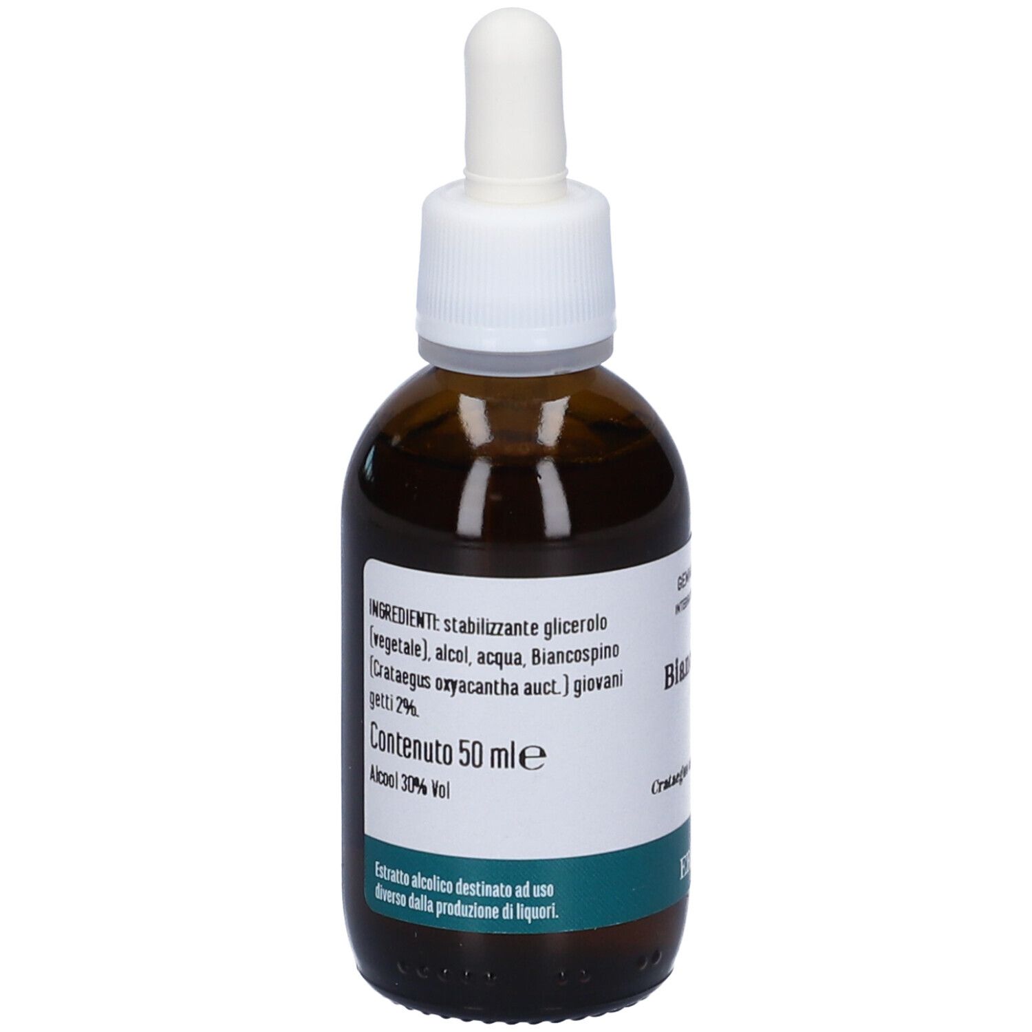 Flacone in vetro marrone con pipetta. Etichetta con ingredienti e informazioni. Marchio: Erba Vita.