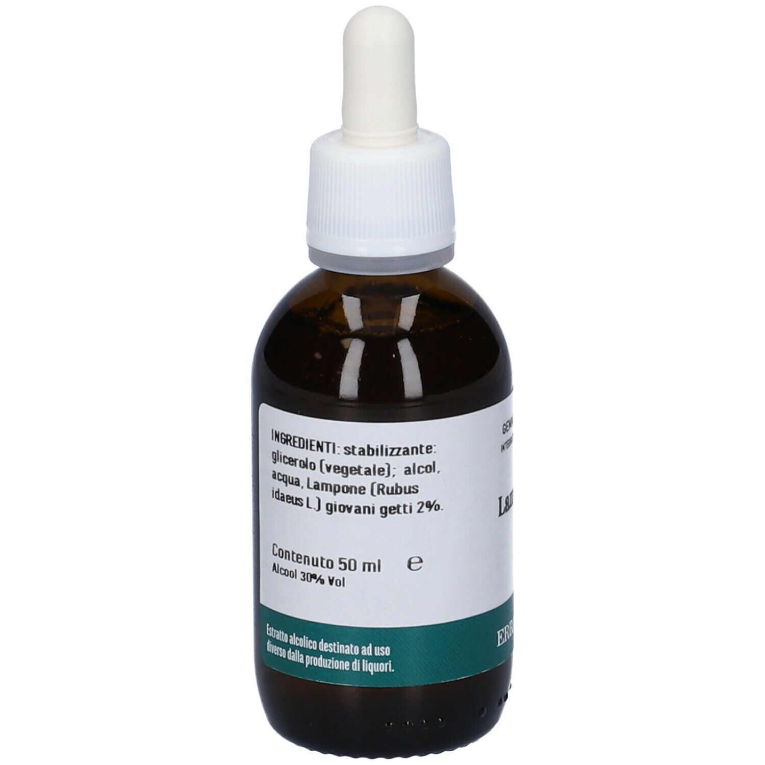 Flacone in vetro marrone con tappo bianco e contagocce. Etichetta con ingredienti e testo.