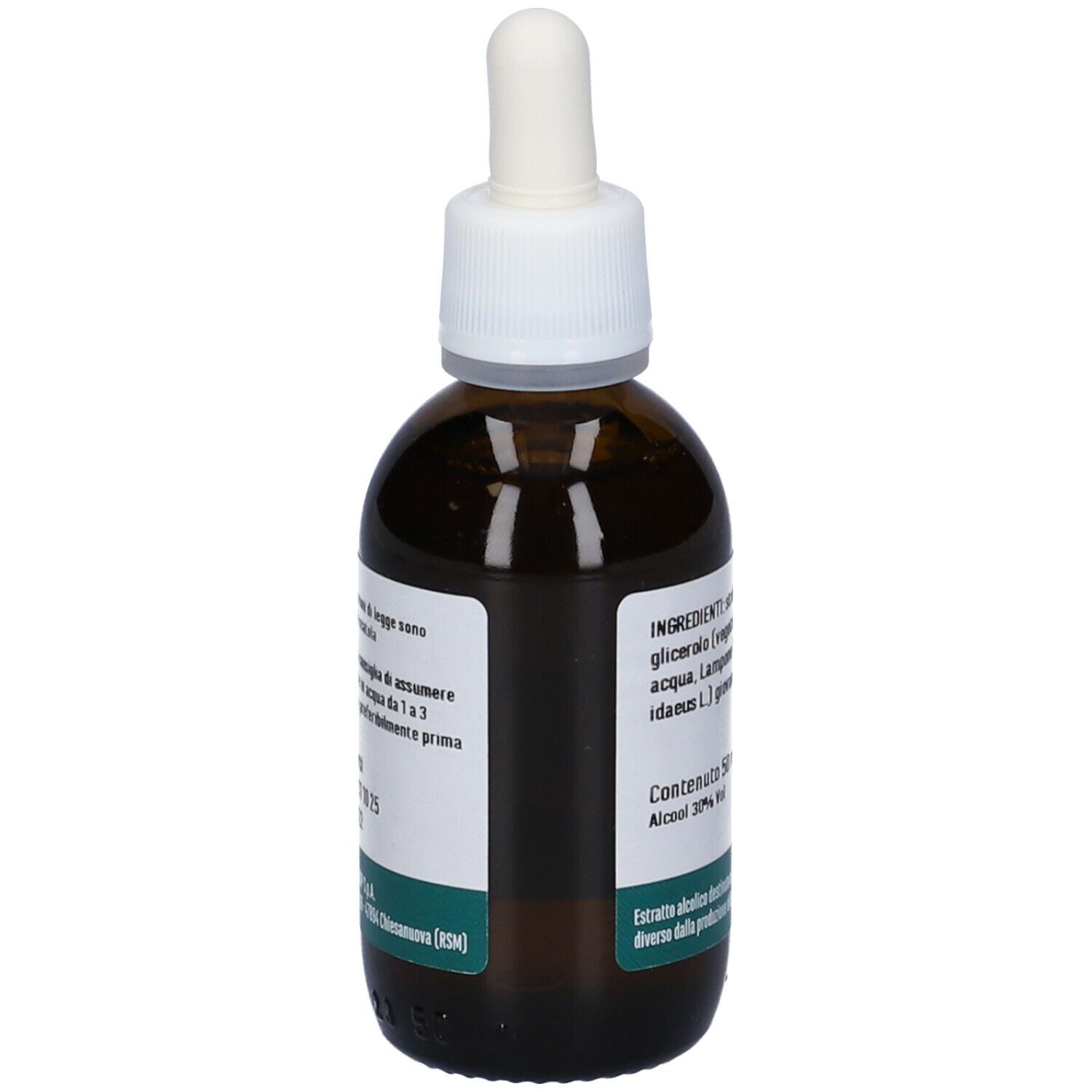 Flacone in vetro marrone con tappo bianco e contagocce. Etichetta con ingredienti e testo.