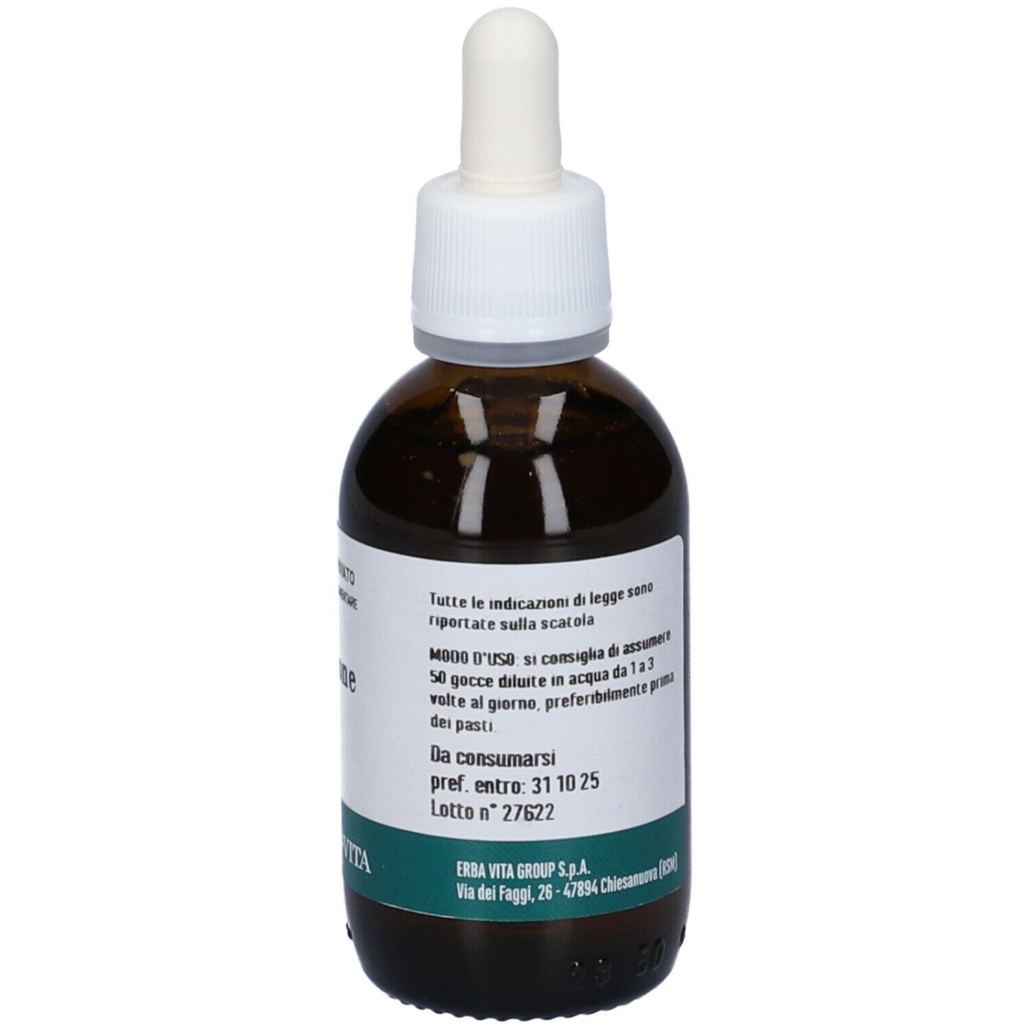 Flacone in vetro marrone con tappo bianco e contagocce. Etichetta con ingredienti e testo.