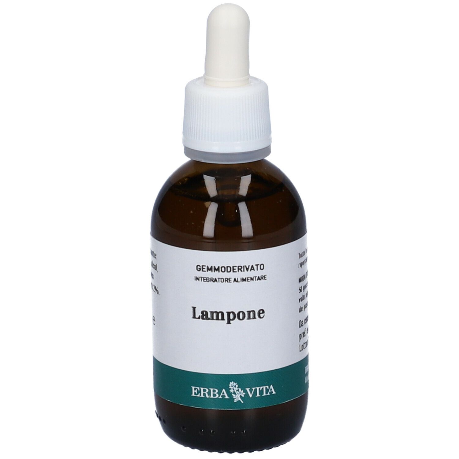 Flacone in vetro marrone con tappo bianco e contagocce. Etichetta con ingredienti e testo.