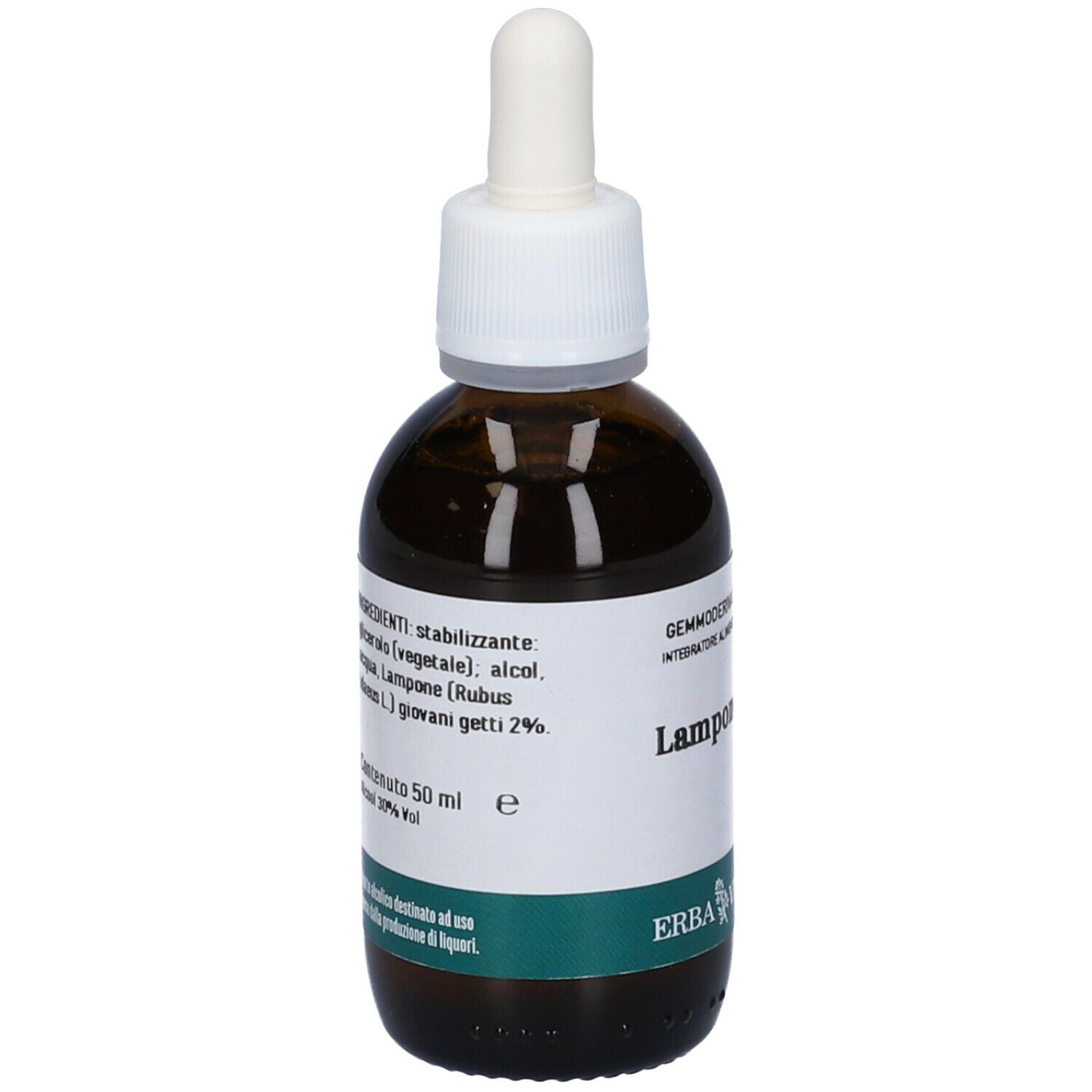 Flacone in vetro marrone con tappo bianco e contagocce. Etichetta con ingredienti e testo.