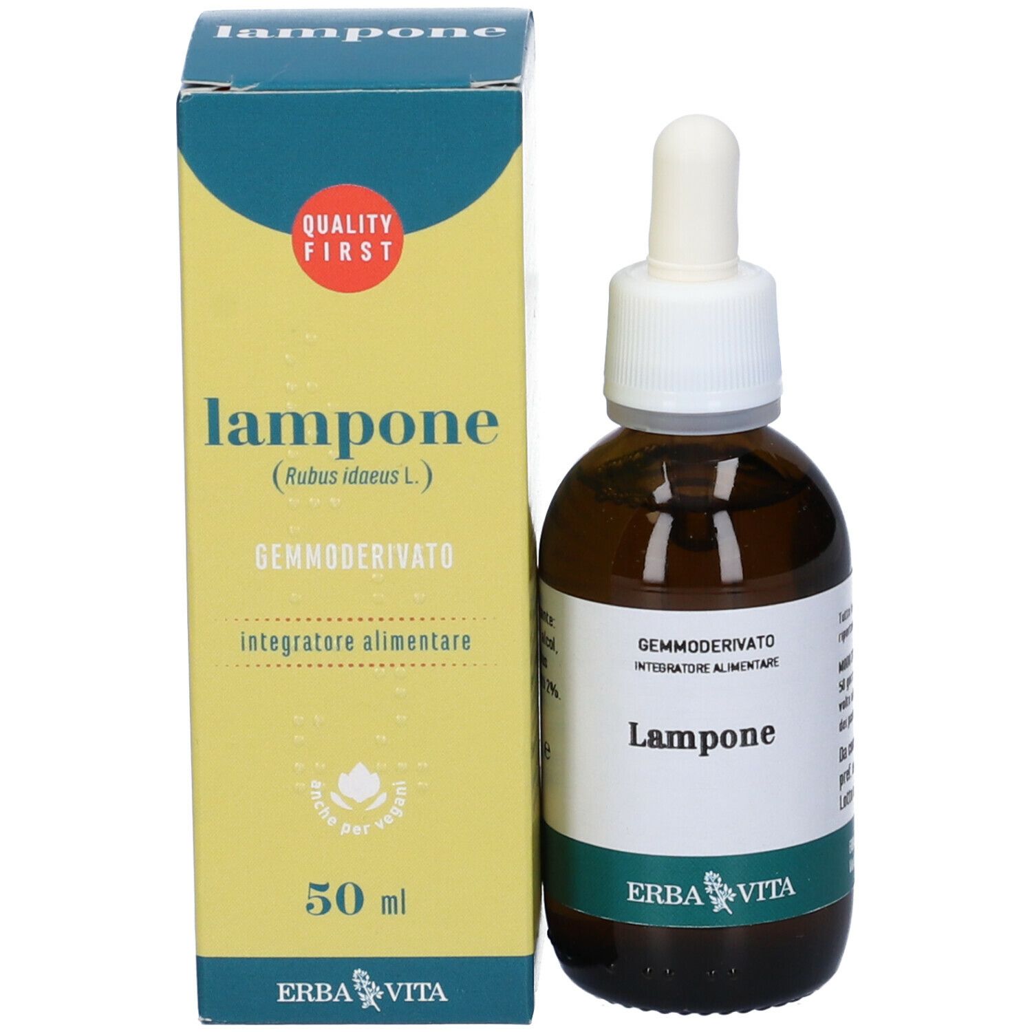 Confezione del prodotto con flacone e scatola. Flacone con contagocce, scatola con testo e logo.