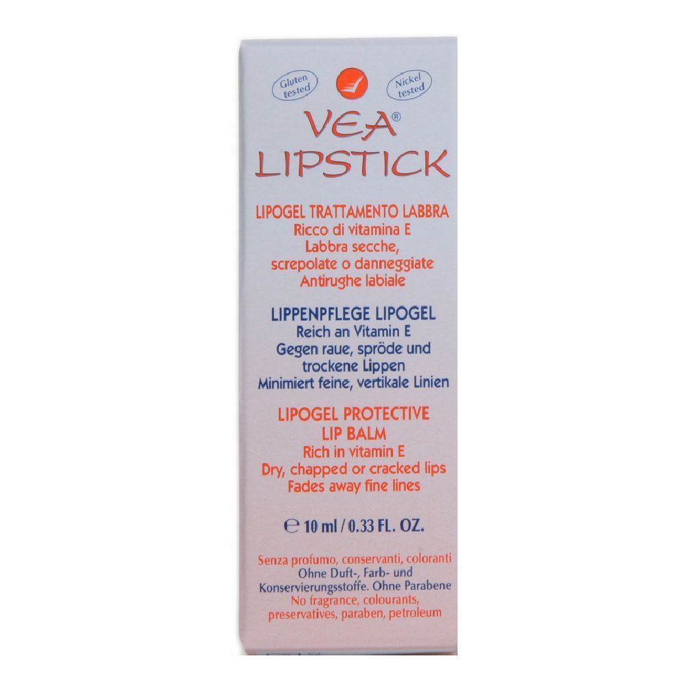 VEA® Lipstick-Verpackung. Weiß-orangefarbener Karton mit Produktnamen, Inhaltsangaben und Zertifizierungen.
