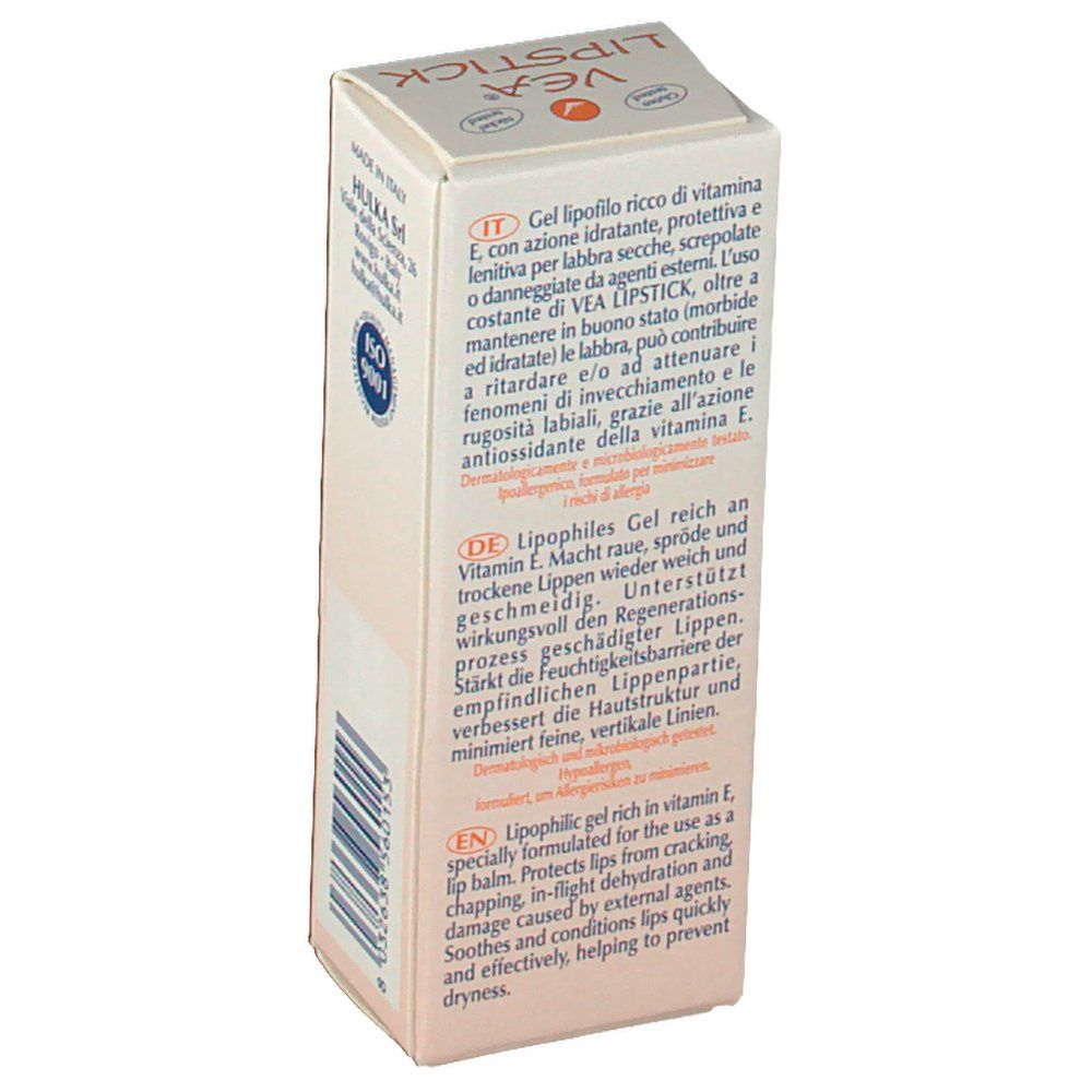 VEA® Lipstick-Verpackung. Detailansicht mit Produktinformationen in mehreren Sprachen und ISO 9001-Zertifizierung.