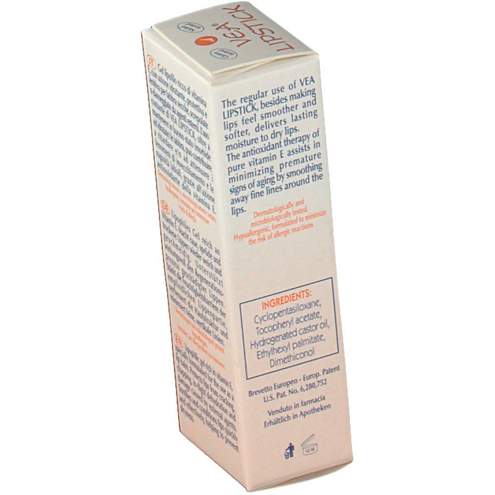 VEA® Lipstick-Verpackung. Detailansicht mit Inhaltsstoffen, Gebrauchsanweisung und Patentinformationen.