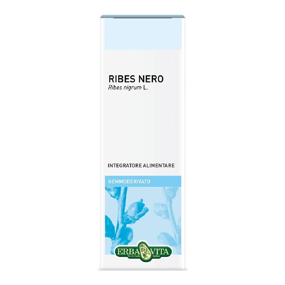 Scatola con stampa del prodotto. Testo: Ribes Nero, Gemmoderivato, logo Erba Vita.