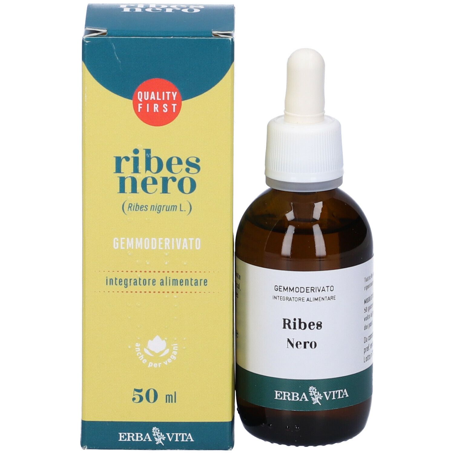 Confezione del prodotto con flacone e pipetta. Testo: Ribes Nero, Gemmoderivato, 50 ml, Erba Vita.