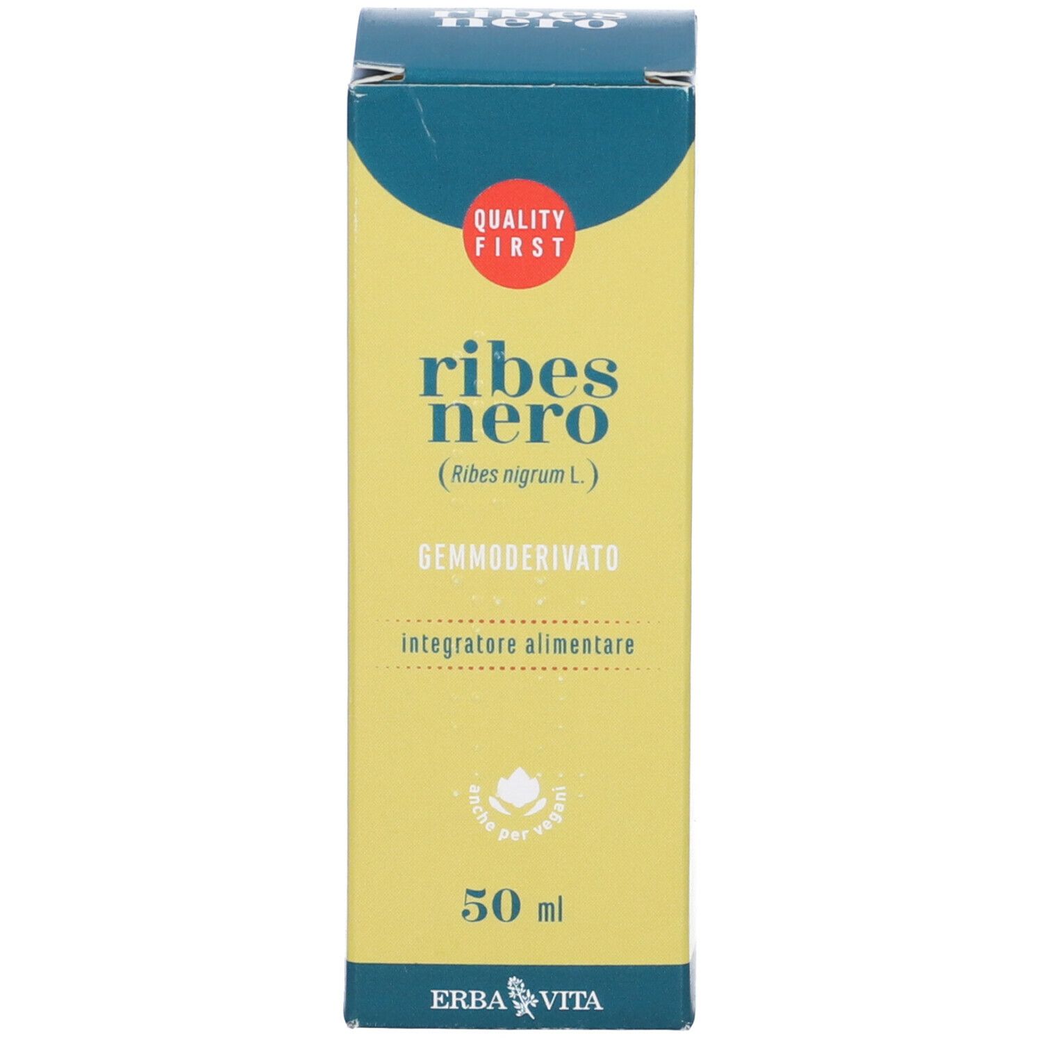 Confezione del prodotto con flacone e pipetta. Testo: Ribes Nero, Gemmoderivato, 50 ml, Erba Vita.