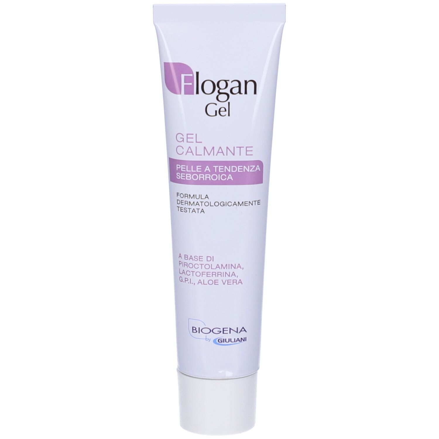 Tubo bianco con tappo bianco. Scritta: Flogan Gel, Gel Calmante, PELLE A TENDENZA SEBORROICA. Marchio: BIOGENA.