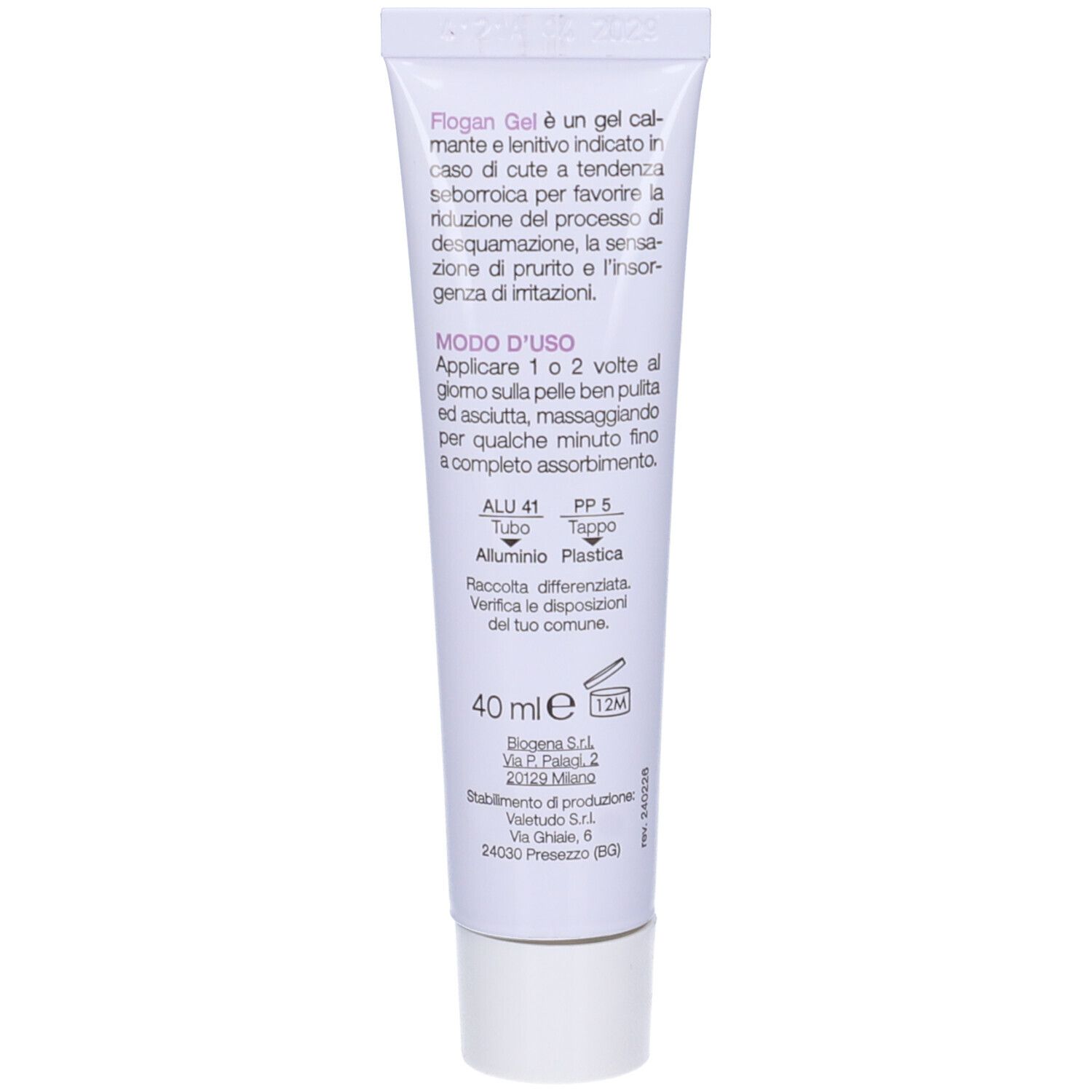 Retro del tubo. Testo: Flogan Gel, 40 ml. Ingredienti, istruzioni per l'uso. Marchio: BIOGENA.
