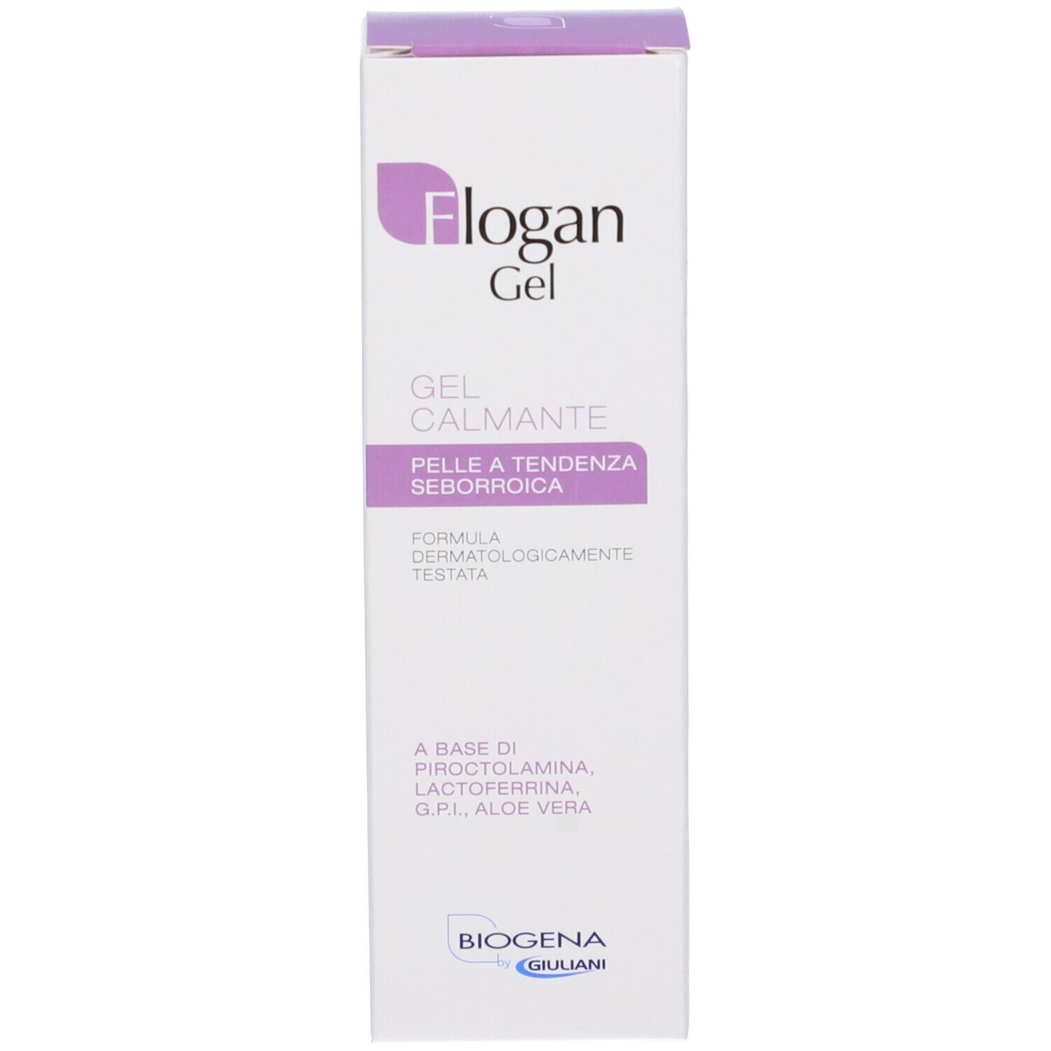 Scatola bianca alta. Scritta: Flogan Gel, Gel Calmante, PELLE A TENDENZA SEBORROICA. Marchio: BIOGENA.
